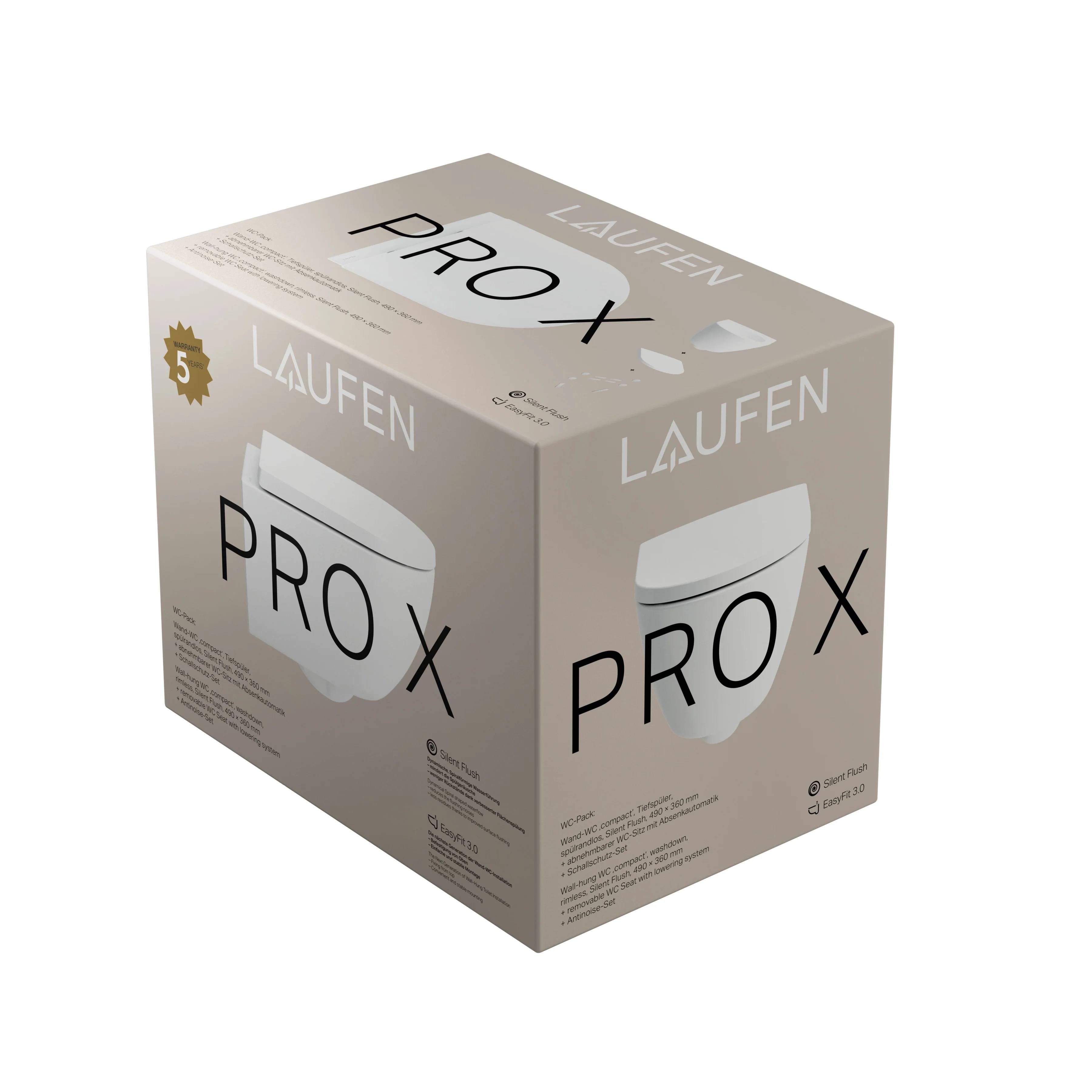 Verpackung für LAUFEN PRO X Toilette, gezeigt in Beige und Weiß mit Produktabbildung und Branding auf mehreren Seiten.