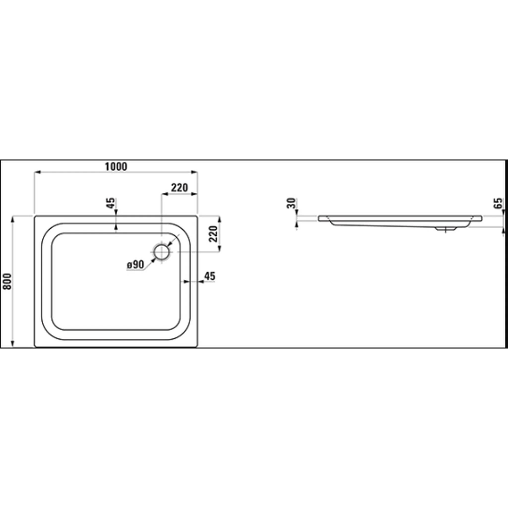 Technische Zeichnung eines rechteckigen Spülbeckens, 1000 x 800 mm, mit abgerundetem Innenbecken, 90 mm Ablauchloch und Seitenansicht mit 30 mm Tiefe und 65 mm Höhe.