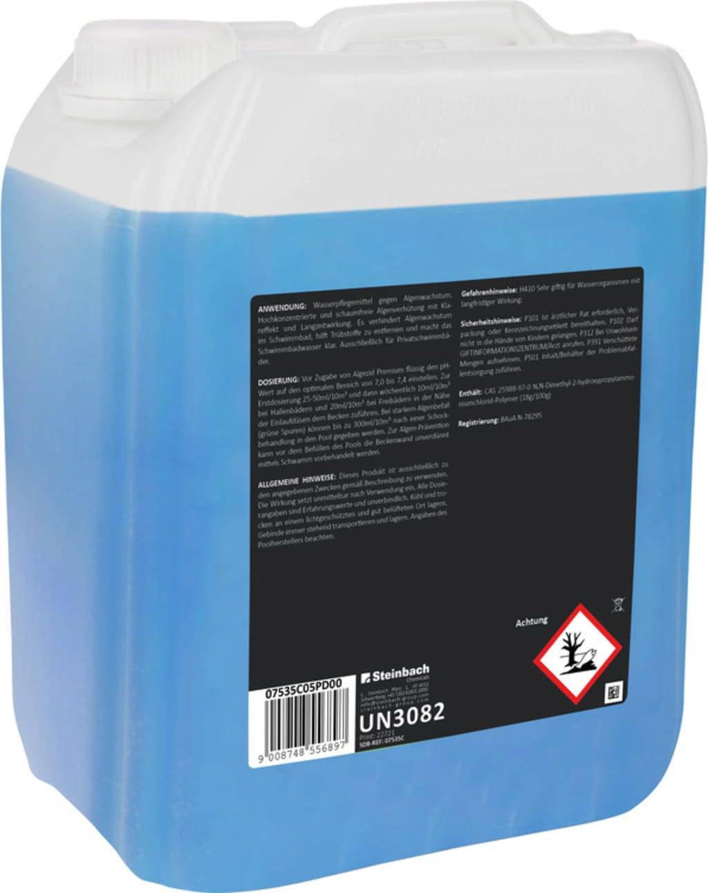 Steinbach Pool Professional Algezid Premium 5 l | Hochkonzentrierter Algenschutz für Pool & Schwimmbad | Schaumfrei | Langzeitwirkung | Für glasklar