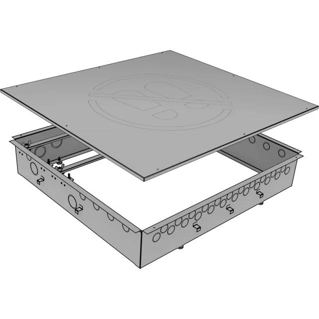 3D-CAD-Darstellung eines rechteckigen Metallgehäuses mit abnehmbarem Deckel, mit seitlichen Ausschnitten und Befestigungslöchern.