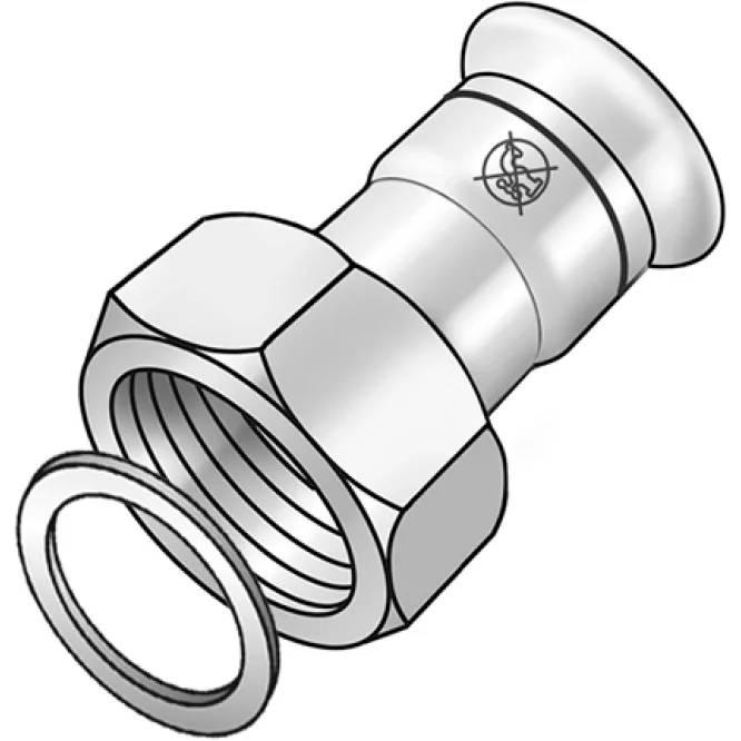 Diagramm einer Metallrohrverbindung mit einer Sechskantmutter, Innengewinde und einer separaten Ringdichtung daneben.