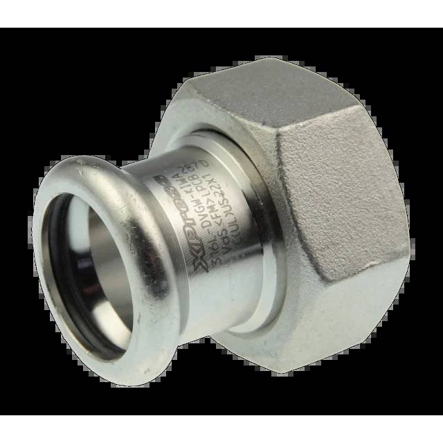 Metallrohrverbinder mit Sechskantmutter und glatter silberner Kupplung, dargestellt vor schwarzem Hintergrund.