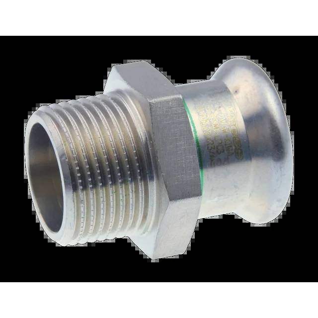 Metallisches Rohrgewinde-Fitting mit Sechskantmutter und aufgeflaretem Ende, dargestellt auf schwarzem Hintergrund.