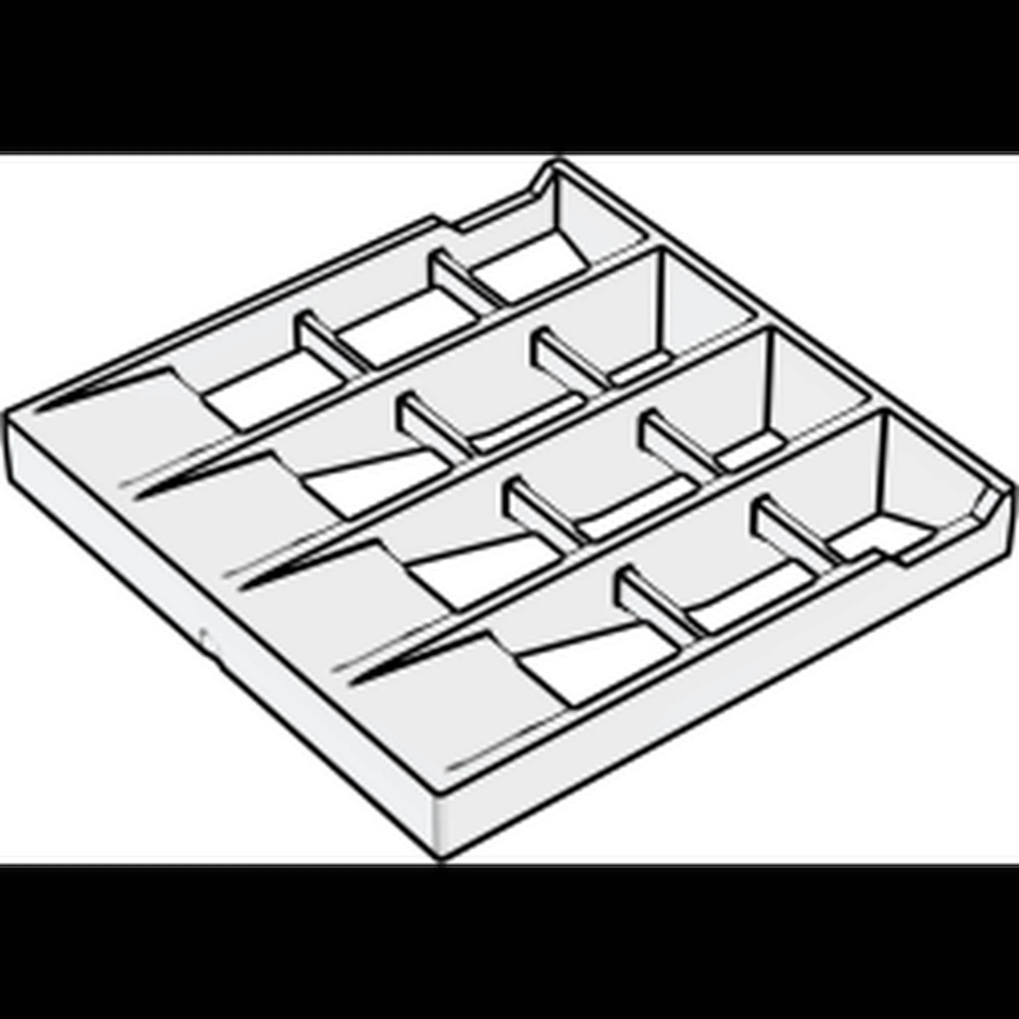 Isometrische Darstellung eines rechteckigen Tabletts mit mehreren geneigten Fächern und Trennwänden, ähnlich wie ein segmentierter Organizer oder eine Form.