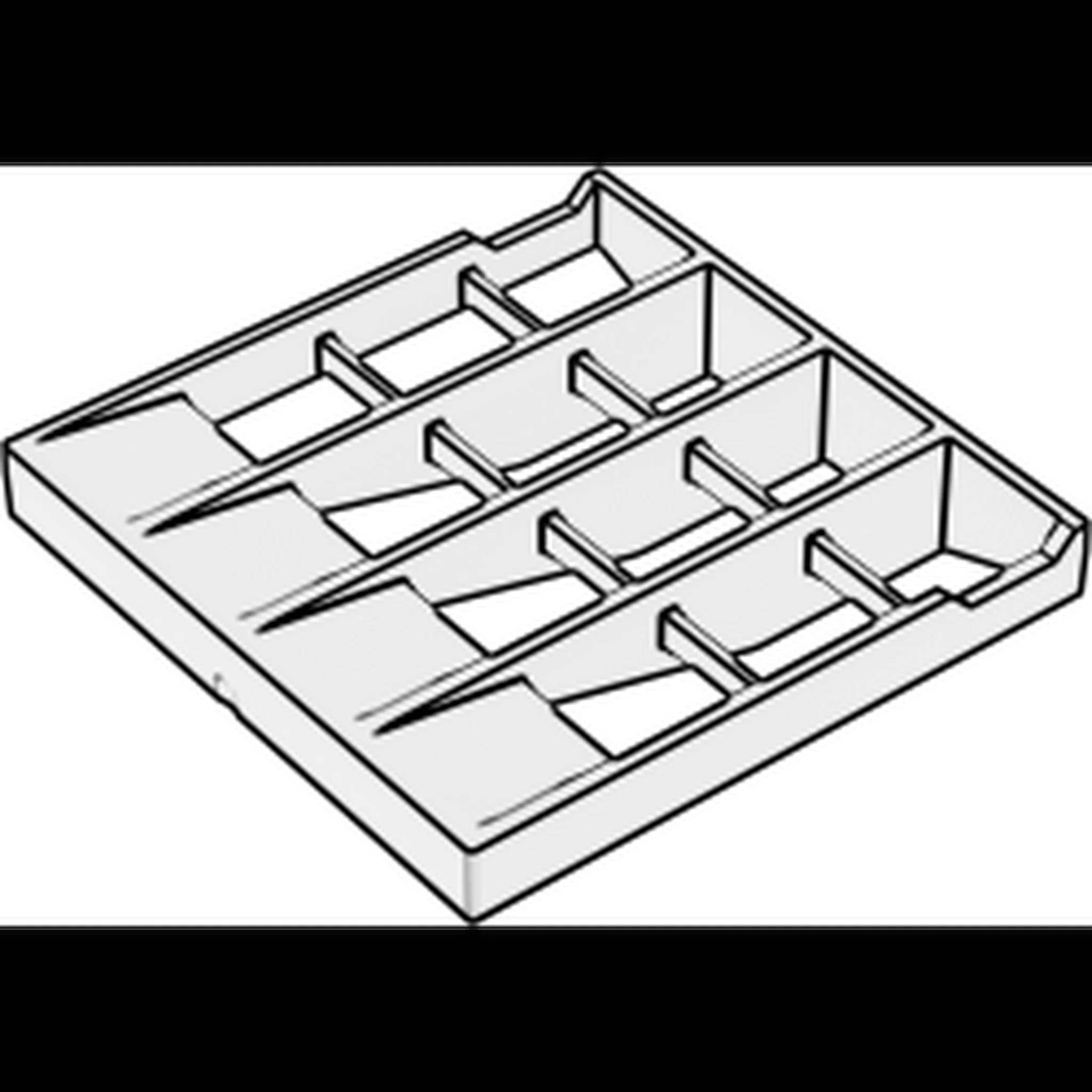 Isometrisches Diagramm einer rechteckigen Platte mit versetzten Aussparungen und inneren Trennwänden, ähnlich einem Labyrinth- oder Tablettrayout.