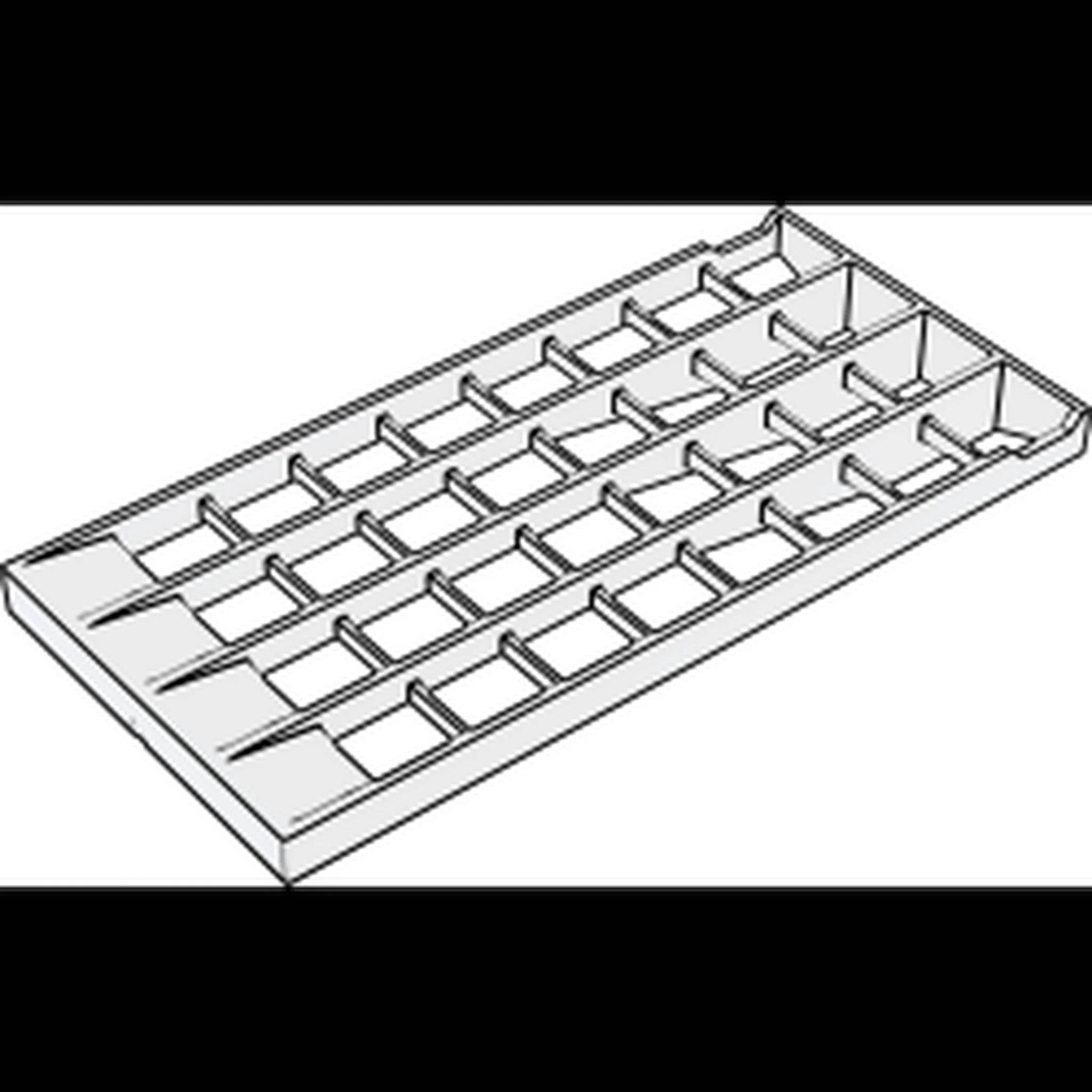 Isometrische Darstellung eines Tabletts mit einem Gitter aus rechteckigen Fächern, wie ein Organizer oder Teilehalter.