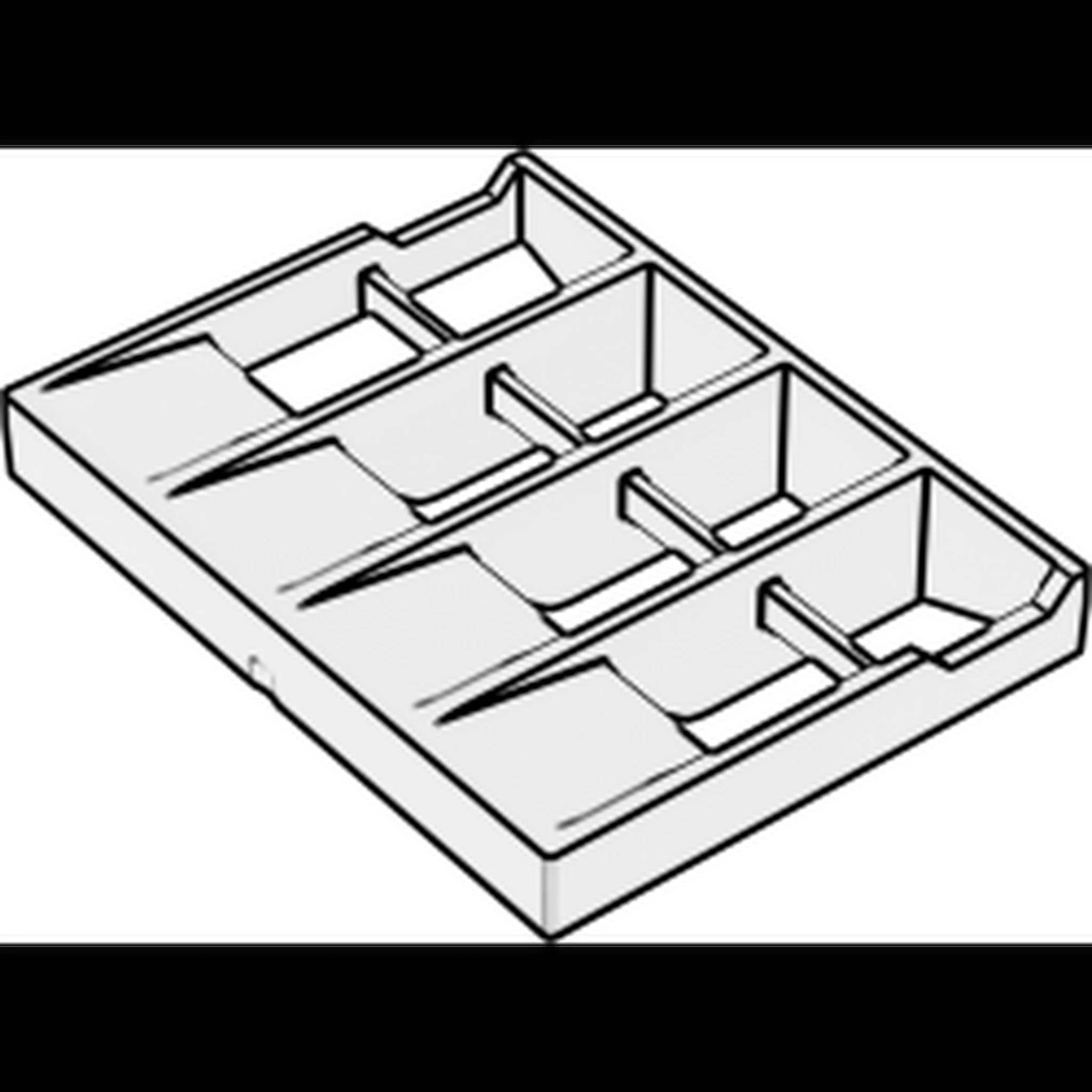 Isometrische Darstellung eines rechteckigen Tabletts mit vier verbundenen Fächern und geneigten inneren Trennwänden, das ein gestuftes Layout zeigt.
