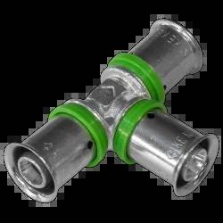 Silbernes Metallrohrfitting-Verbindungsstück mit drei Öffnungen und grünen Dichtungsringen, auf schwarzem Hintergrund gezeigt.