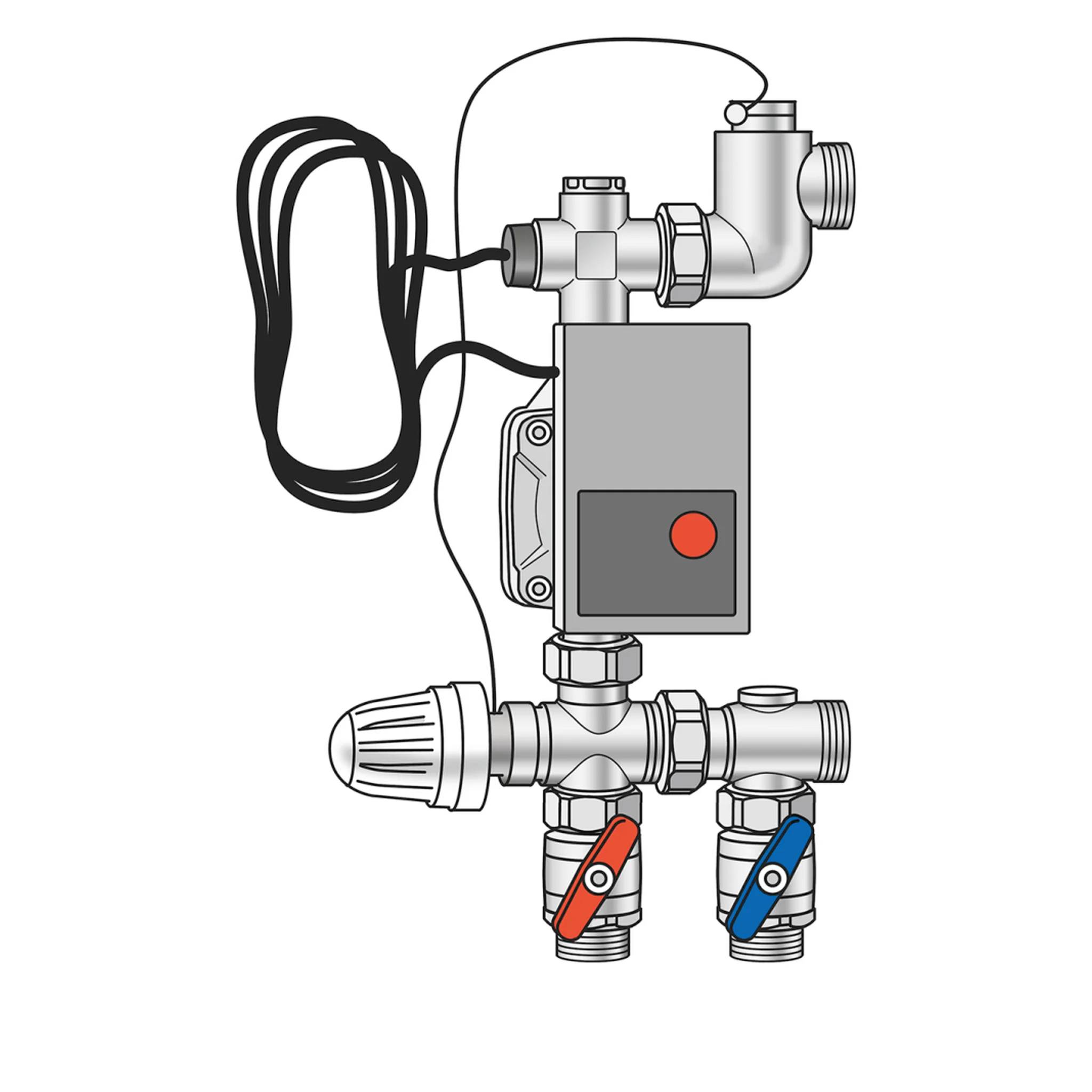 Illustration einer Wasserpumpenanlage mit Motor, Verdrahtung, Druckschalterbox und zwei farbcodierten Absperrventilen am unteren Ende.