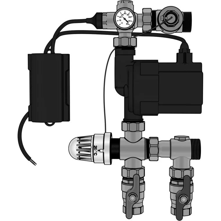Industrielle Pumpen-/Steueranordnung mit Druckmanometer, Motor, Verdrahtungskasten, Ventilen und angeschlossener Rohrleitung.