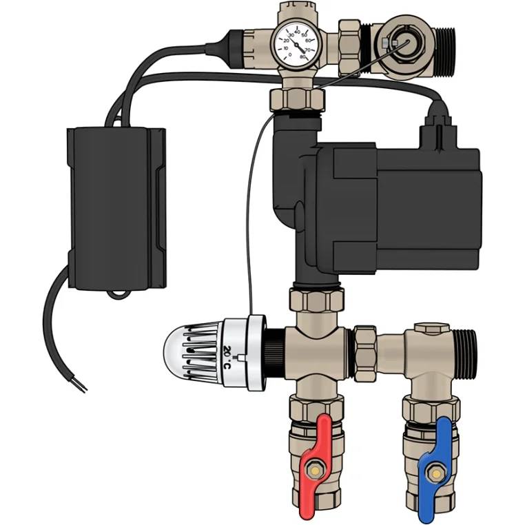 Illustration einer Pumpe und eines Rohrleitungsverteilers mit Druckmesser, Ventilen, Aktuatoren und verbundenen Rohren für ein Wasser- oder Heizsystem.
