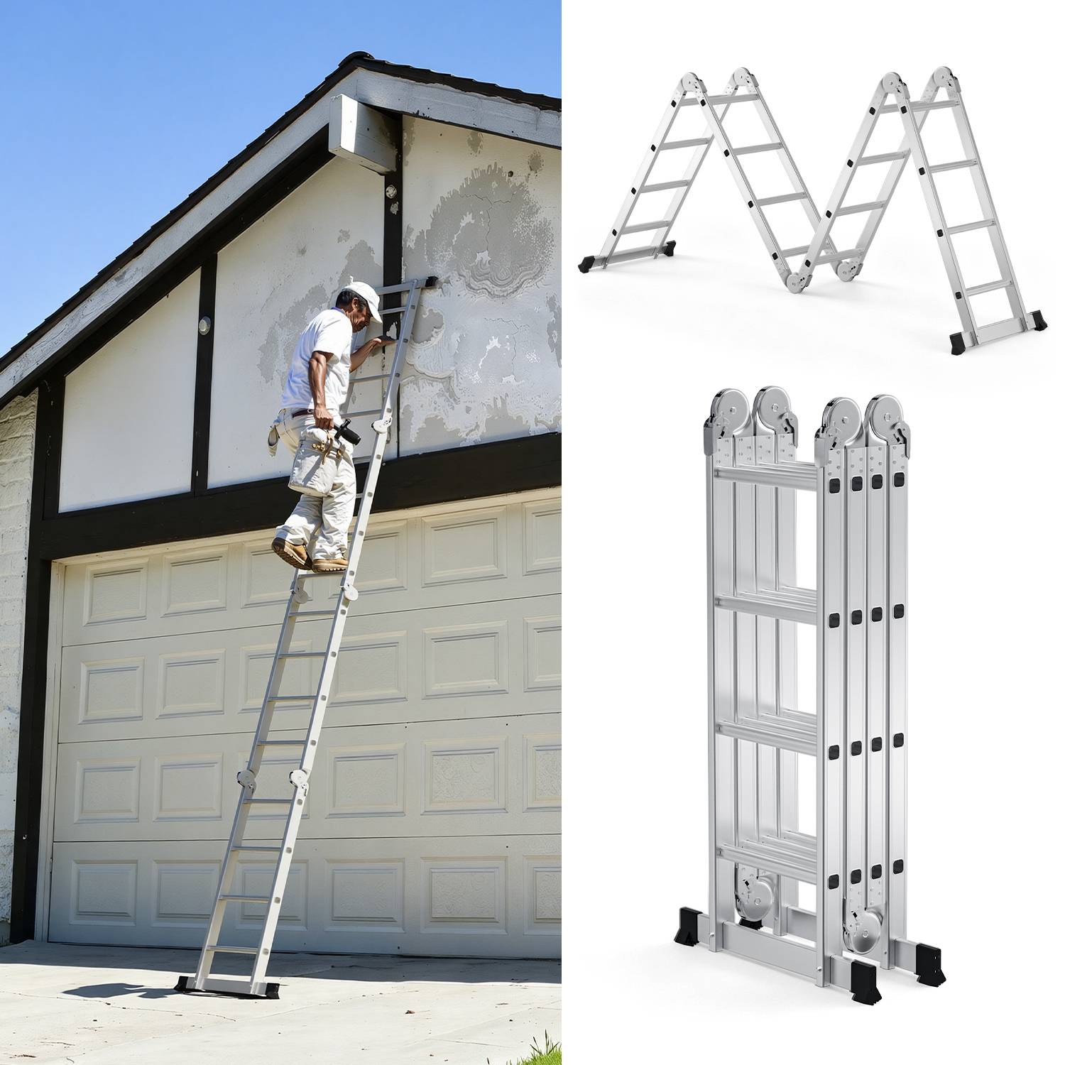Aluminium Gelenkleiter 4x4 Stufen, Vielzweckleiter klappbar, Haushaltsleiter, Silber, 150 kg