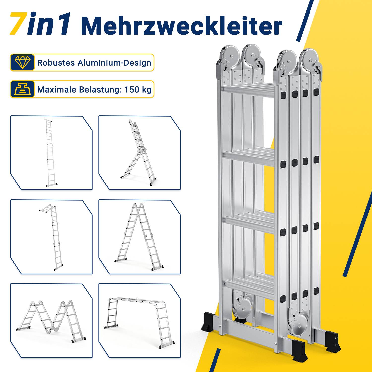 Aluminium Gelenkleiter 4x4 Stufen, Vielzweckleiter klappbar, Haushaltsleiter, Silber, 150 kg