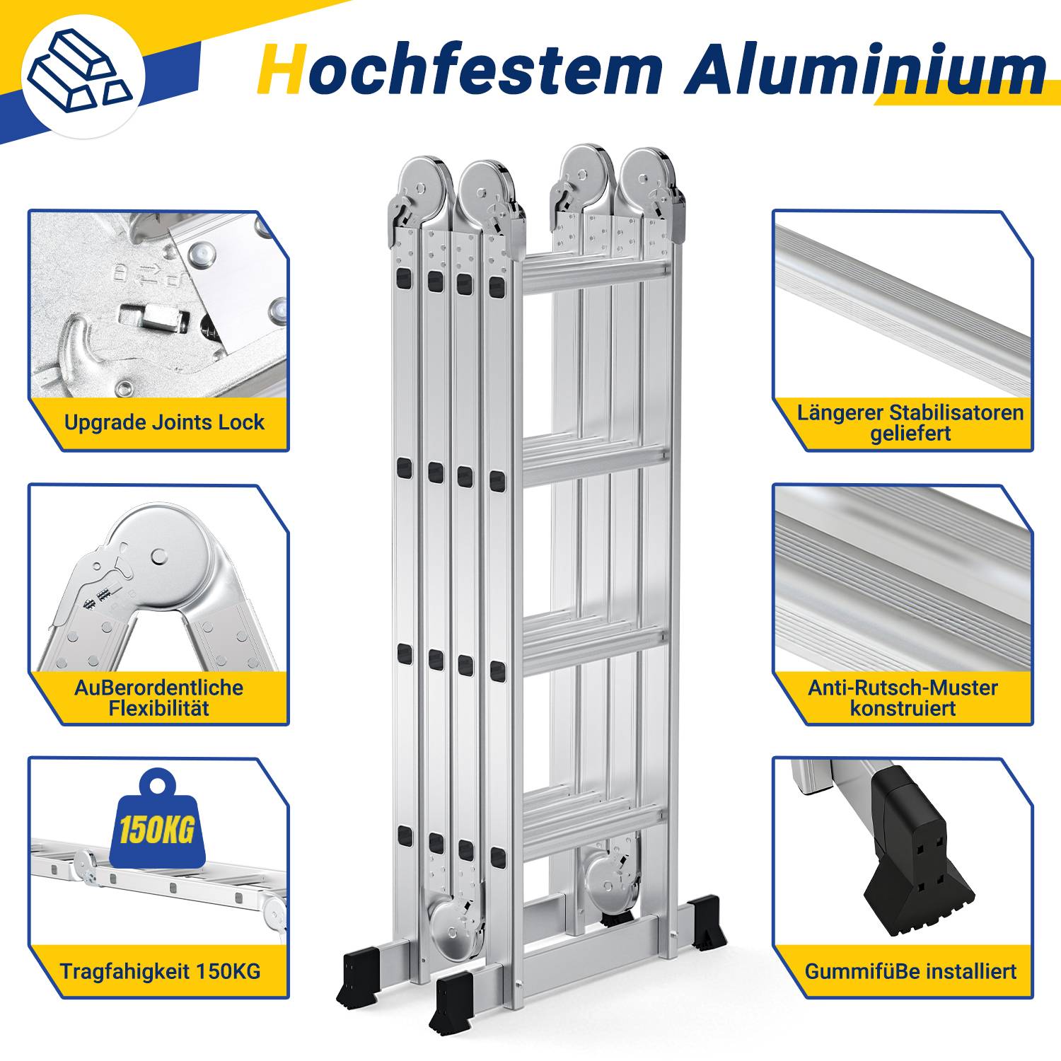 Aluminium Gelenkleiter 4x4 Stufen, Vielzweckleiter klappbar, Haushaltsleiter, Silber, 150 kg