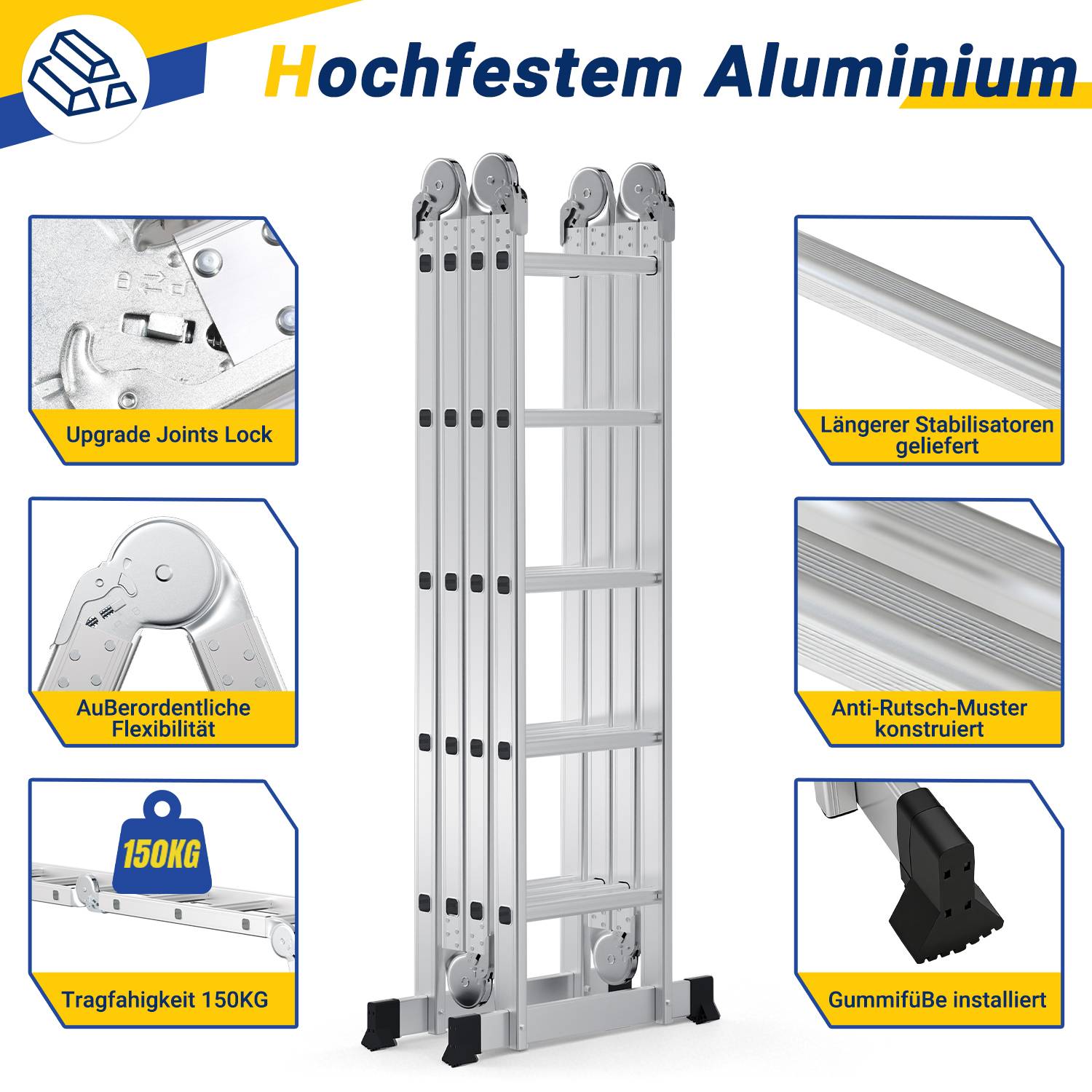 Aluminium Gelenkleiter 4x5 Stufen, Vielzweckleiter klappbar, Haushaltsleiter, Silber, 150 kg