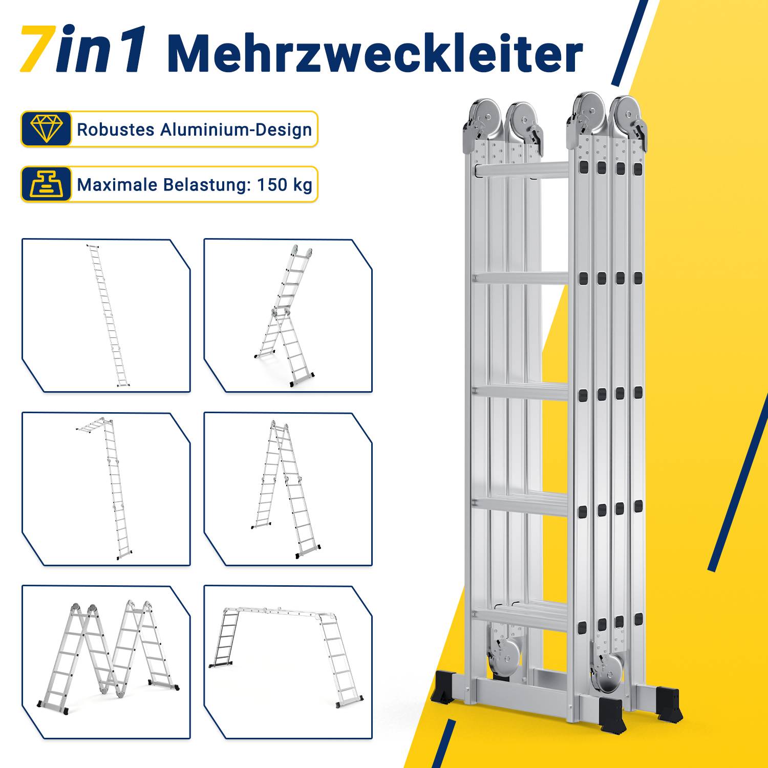 Aluminium Gelenkleiter 4x5 Stufen, Vielzweckleiter klappbar, Haushaltsleiter, Silber, 150 kg