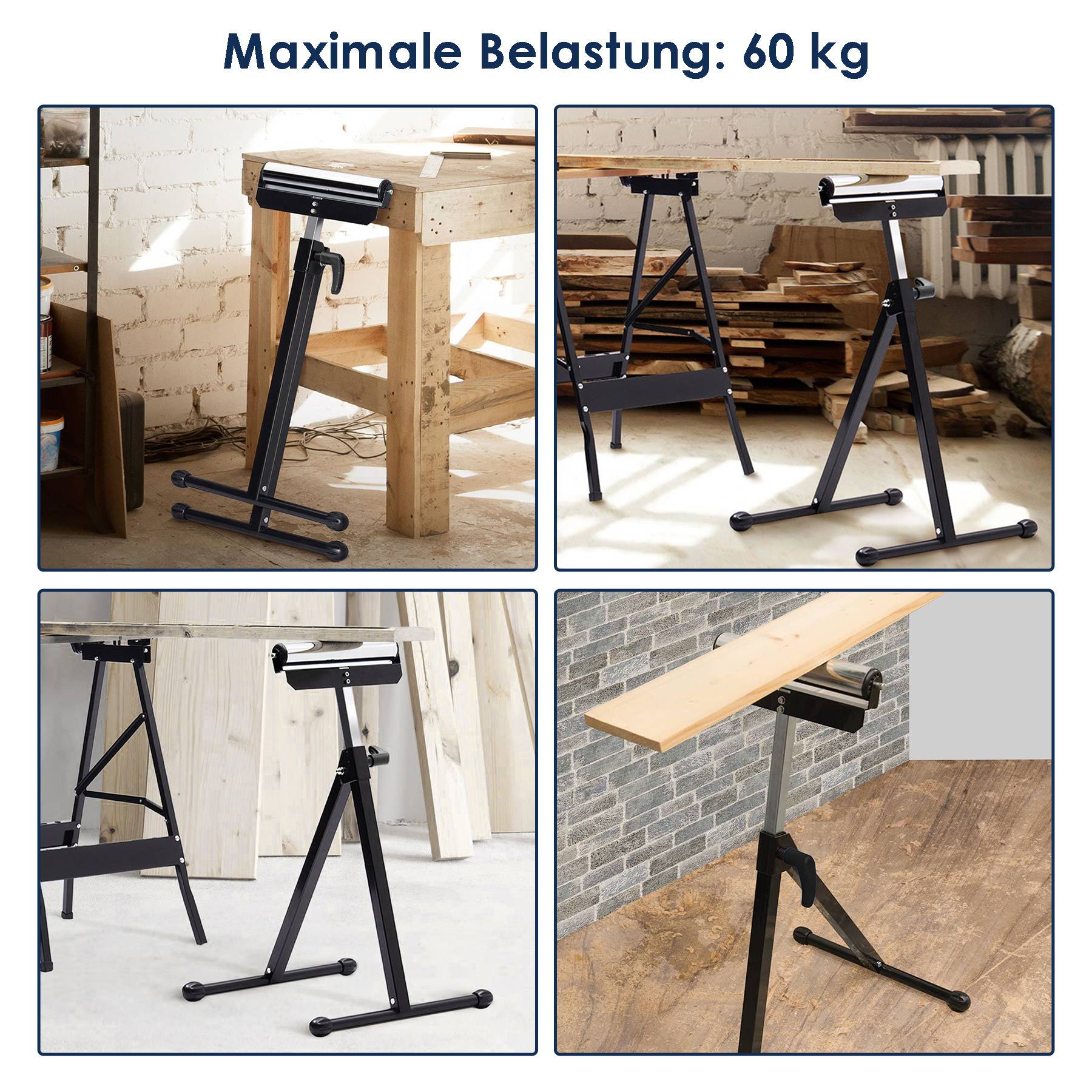 Rollenböcke x4, verstellbar 68,2-108 cm, Auflagerolle 29,5 cm, klappbare A3-Stahlständer, 60 kg/Stück