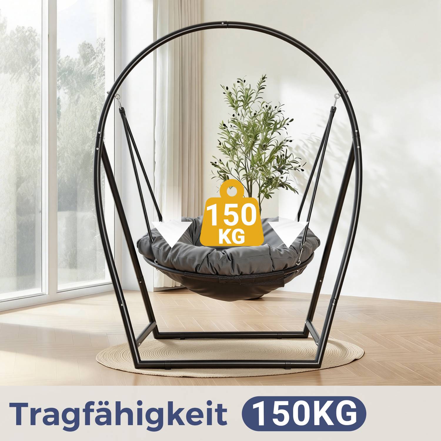 Hängesessel mit Gestell und Kissen Hängeschaukel Hängestuhl bis 150kg für Indoor und Outdoor + Kissen Hängekorb Stahlgestell & Sitzpolster Schauk