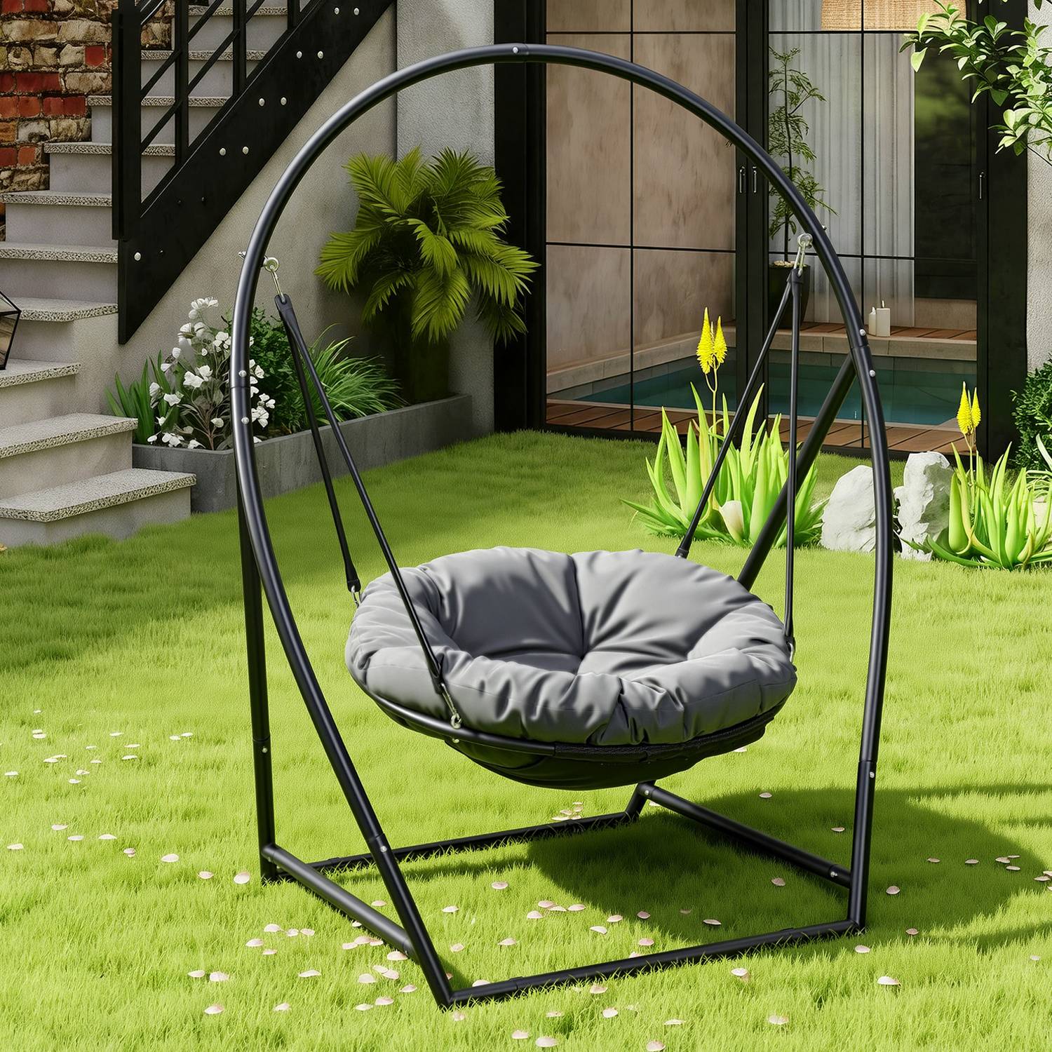 Hängesessel mit Gestell und Kissen Hängeschaukel Hängestuhl bis 150kg für Indoor und Outdoor + Kissen Hängekorb Stahlgestell & Sitzpolster Schauk