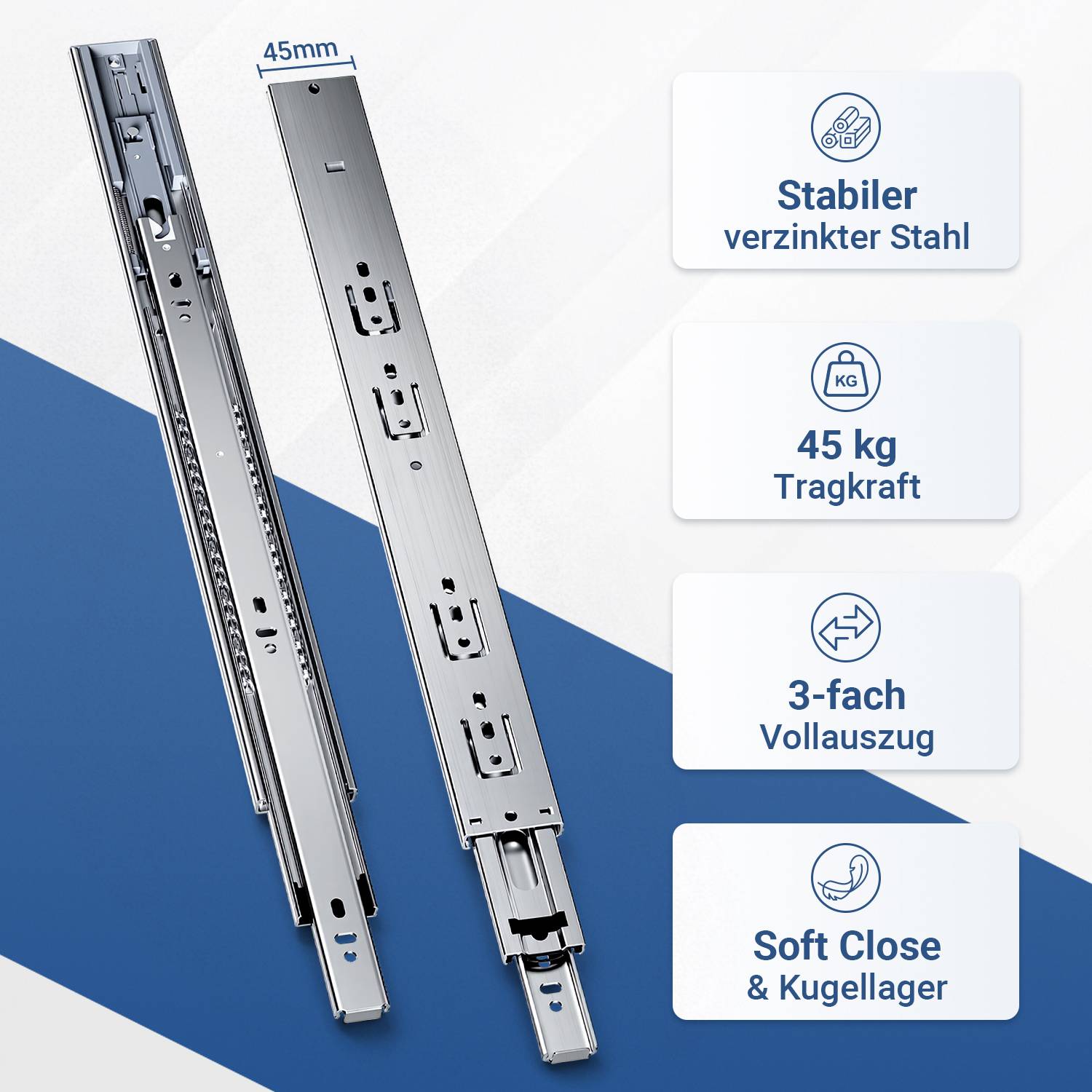 Schubladenschienen, 3-teilig Vollauszug mit Soft-Close & Selbsteinzug, 76 kg Tragkraft, kaltgewalzter Stahl Länge 450mm 4Paar