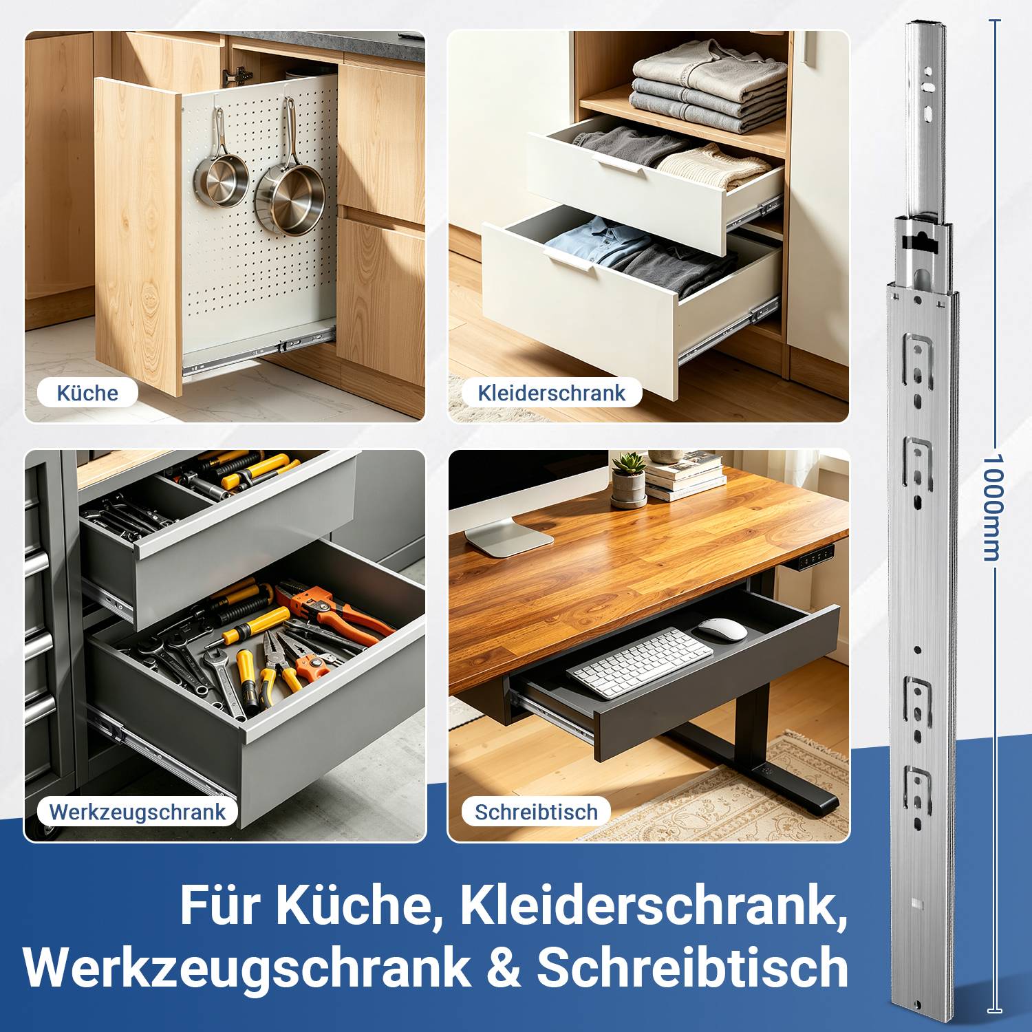 10Paar Schubladenschienen Vollauszug, robuste Teleskopschienen mit automatischem Selbsteinzug, Soft-Close, 45 kg belastbar, für Küche Bad Büro Län