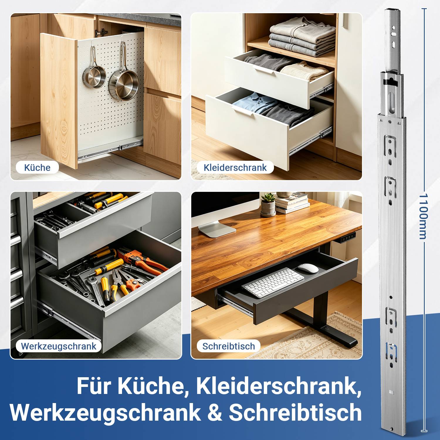 5Paar Schubladenschienen Vollauszug, robuste Teleskopschienen mit automatischem Selbsteinzug, Soft-Close, 45 kg belastbar, für Küche Bad Büro Läng