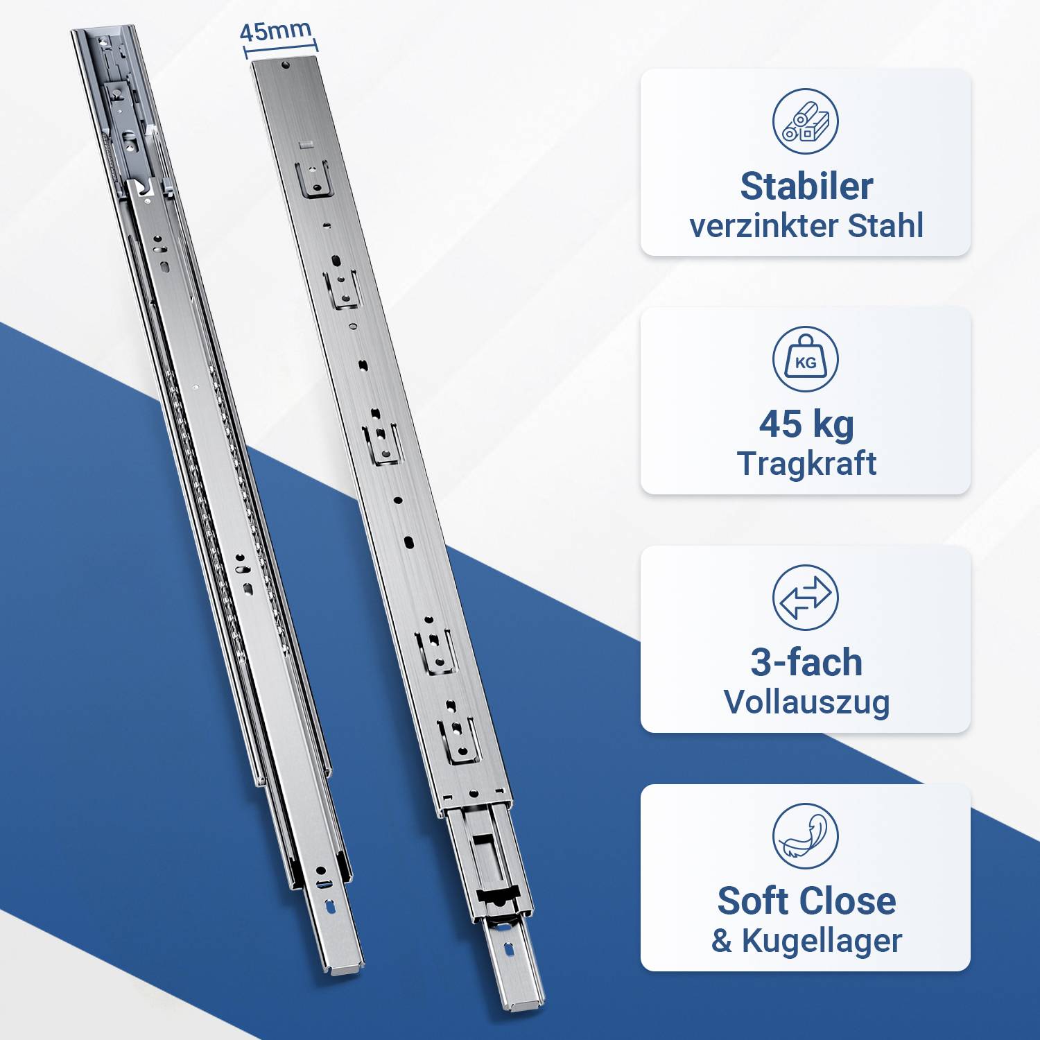 Schubladenschienen, 3-teilig Vollauszug mit Soft-Close & Selbsteinzug, 88 kg Tragkraft, kaltgewalzter Stahl Länge 600mm 5Paar