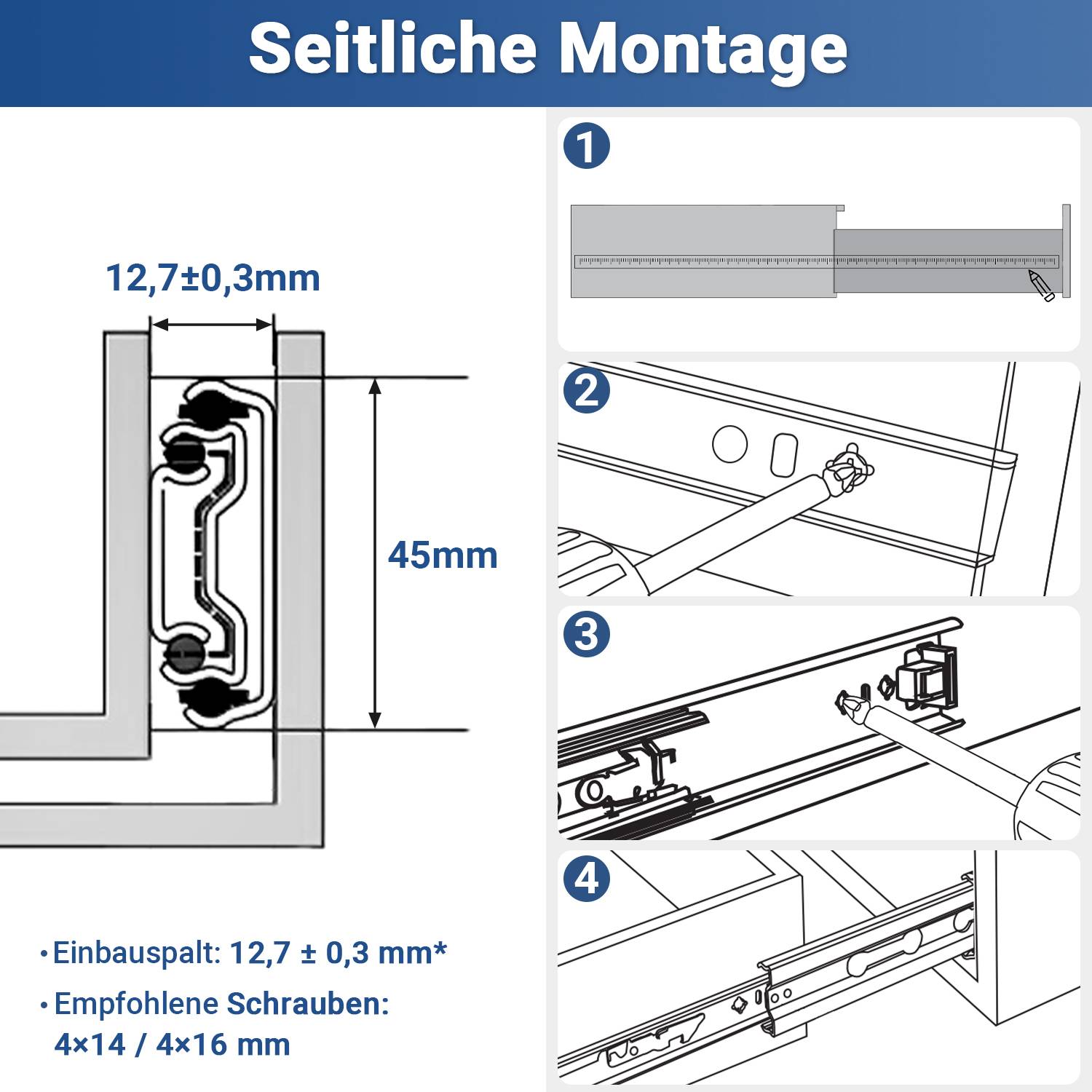 Schubladenschienen, 3-teilig Vollauszug mit Soft-Close & Selbsteinzug, 97 kg Tragkraft, kaltgewalzter Stahl Länge 600mm 10Paar