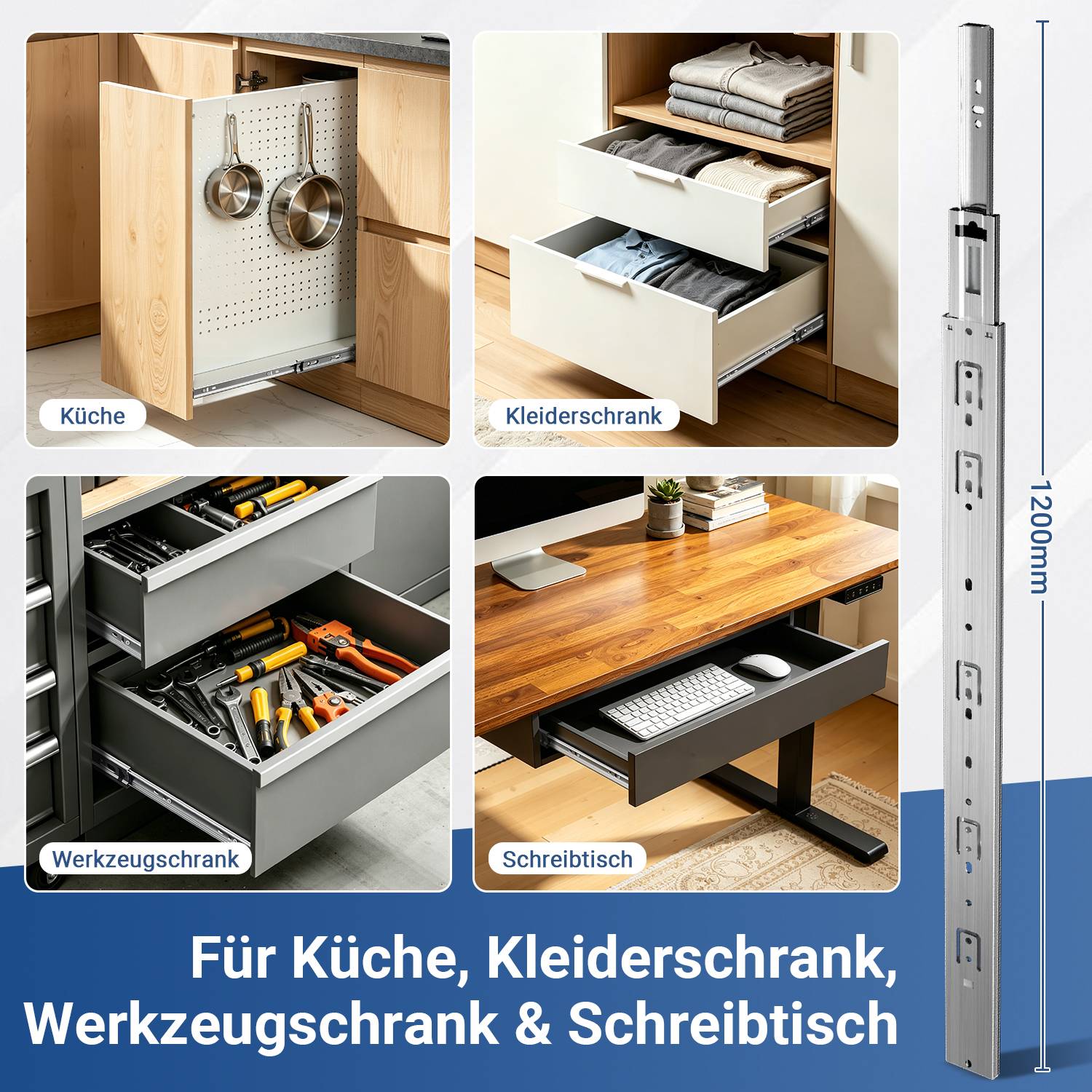 Schubladenschienen, 3-teilig Vollauszug mit Soft-Close & Selbsteinzug, 97 kg Tragkraft, kaltgewalzter Stahl Länge 600mm 10Paar