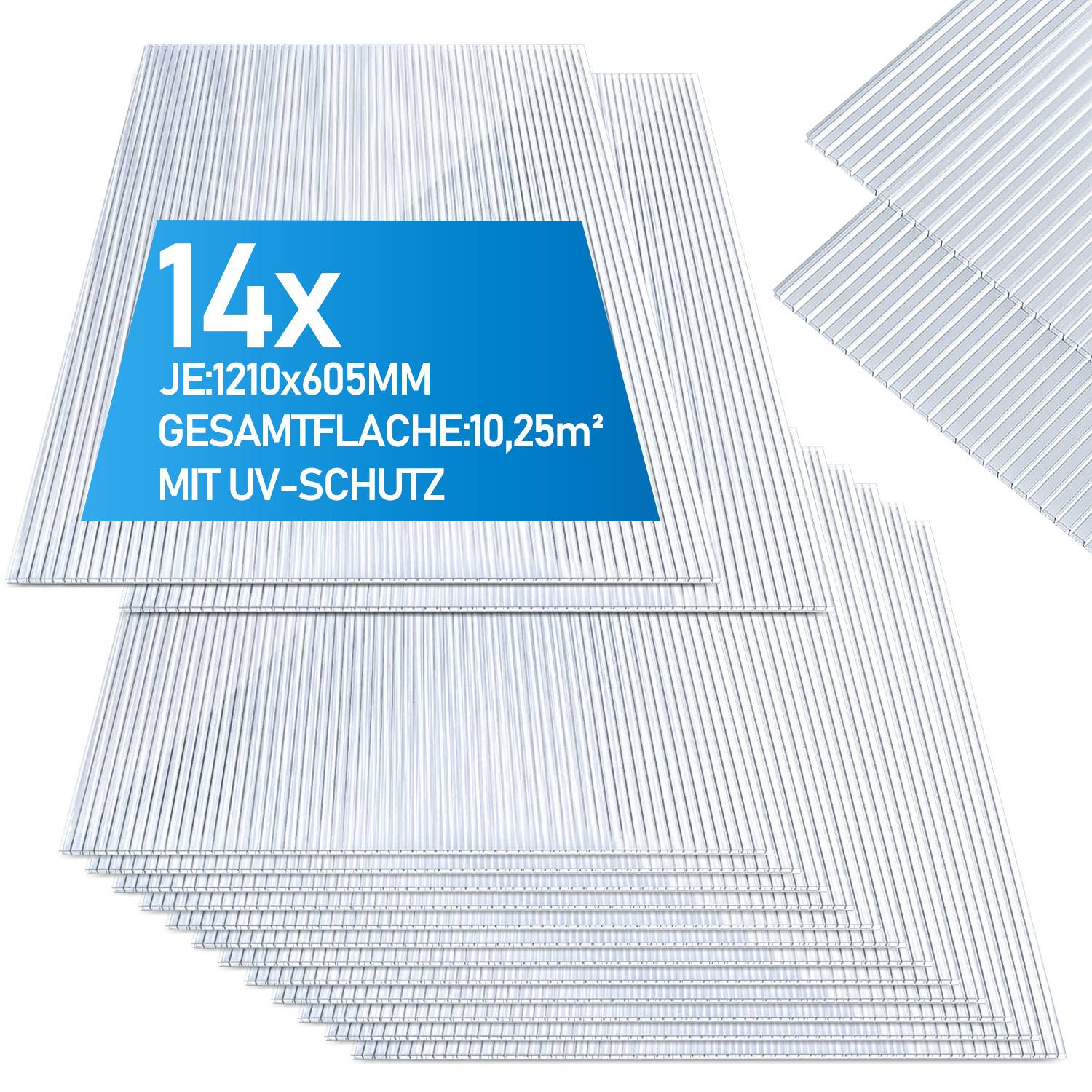 14x Polycarbonat Hohlkammerplatten 4mm Transparent UV Gewächshaus 10,25m²