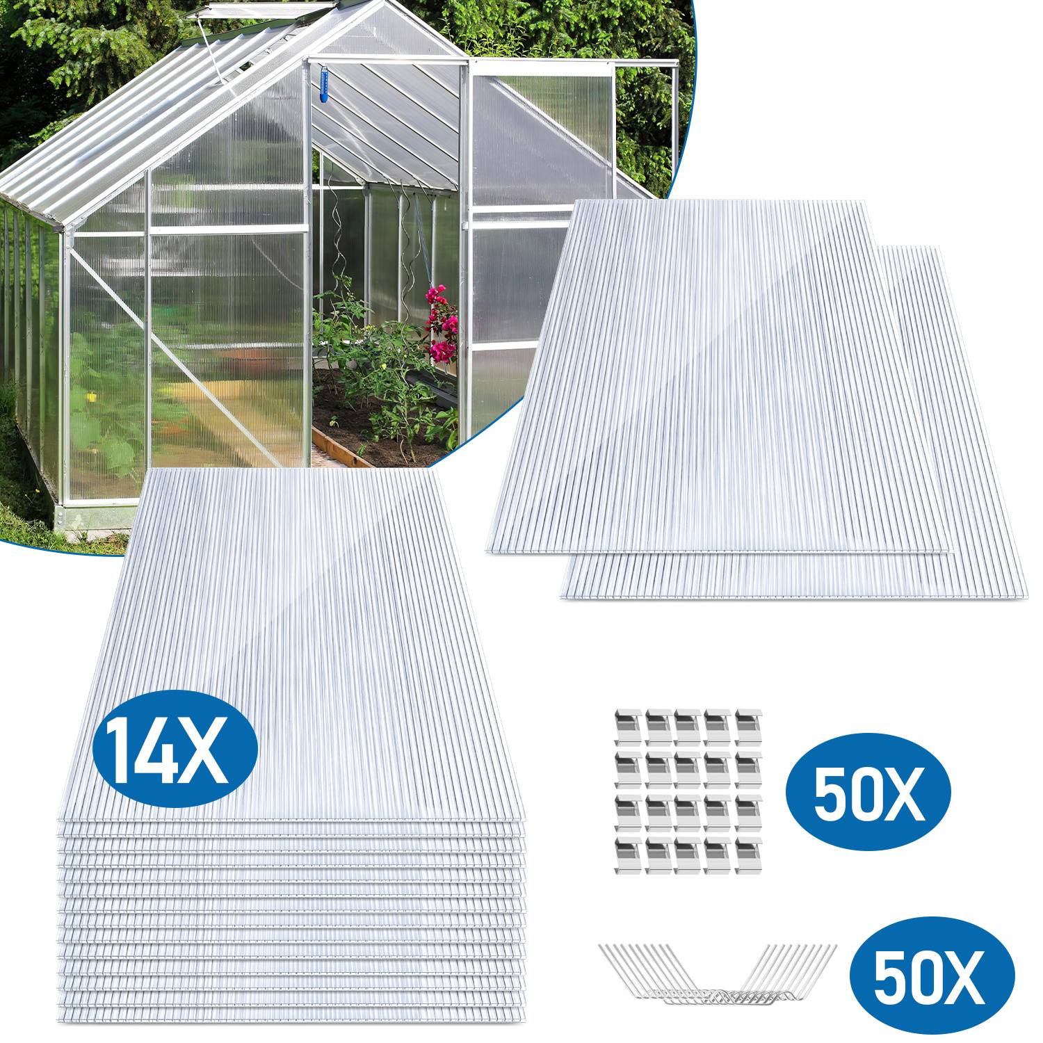 14x Polycarbonat Hohlkammerplatten 4mm Transparent + 100 Edelstahl Gewächshausklammern 10,25m²