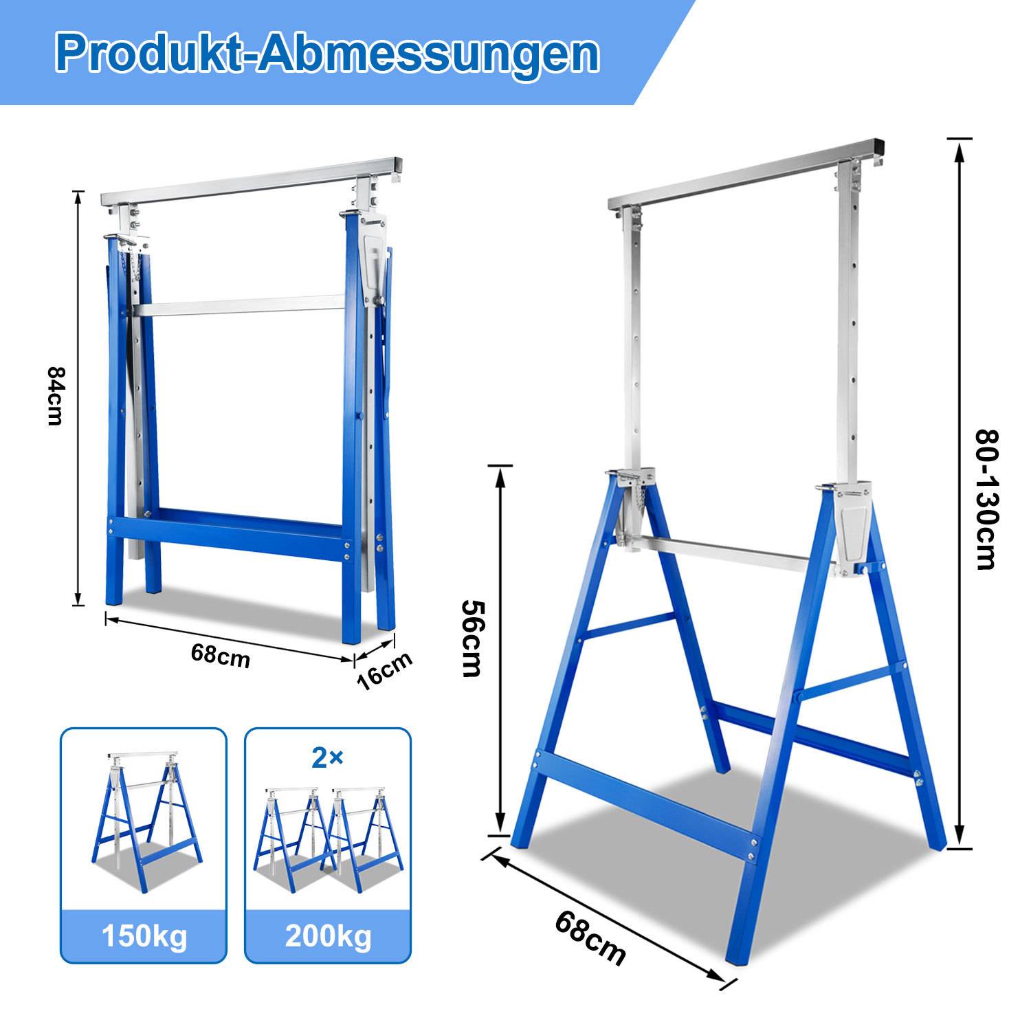 2er Set Arbeitsbock 7-fach höhenverstellbar 80-130 cm Klappbock aus Stahl Blau