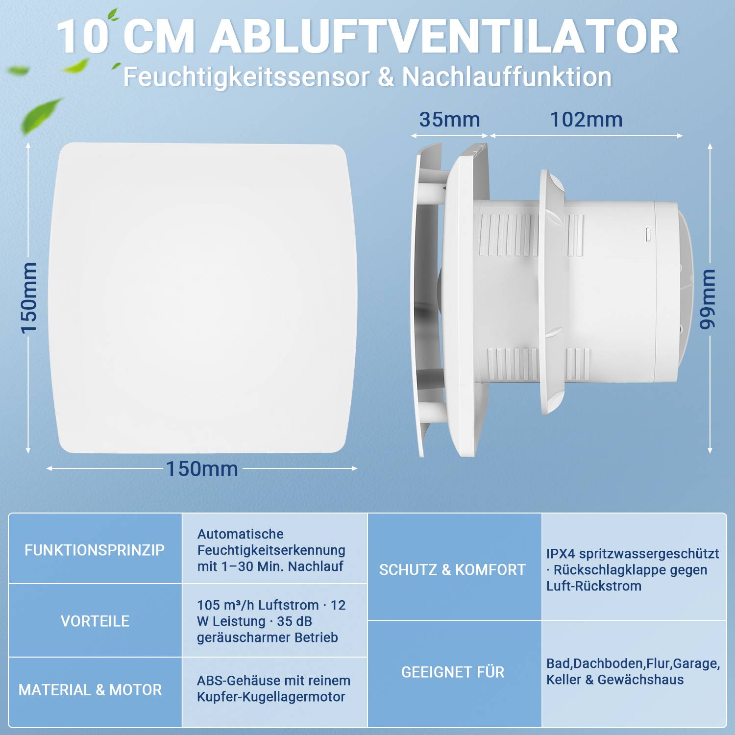 Badlüfter 100mm Feuchtigkeitssensor mit Rückstauklappe Badezimmer Abluftventilator Weiß
