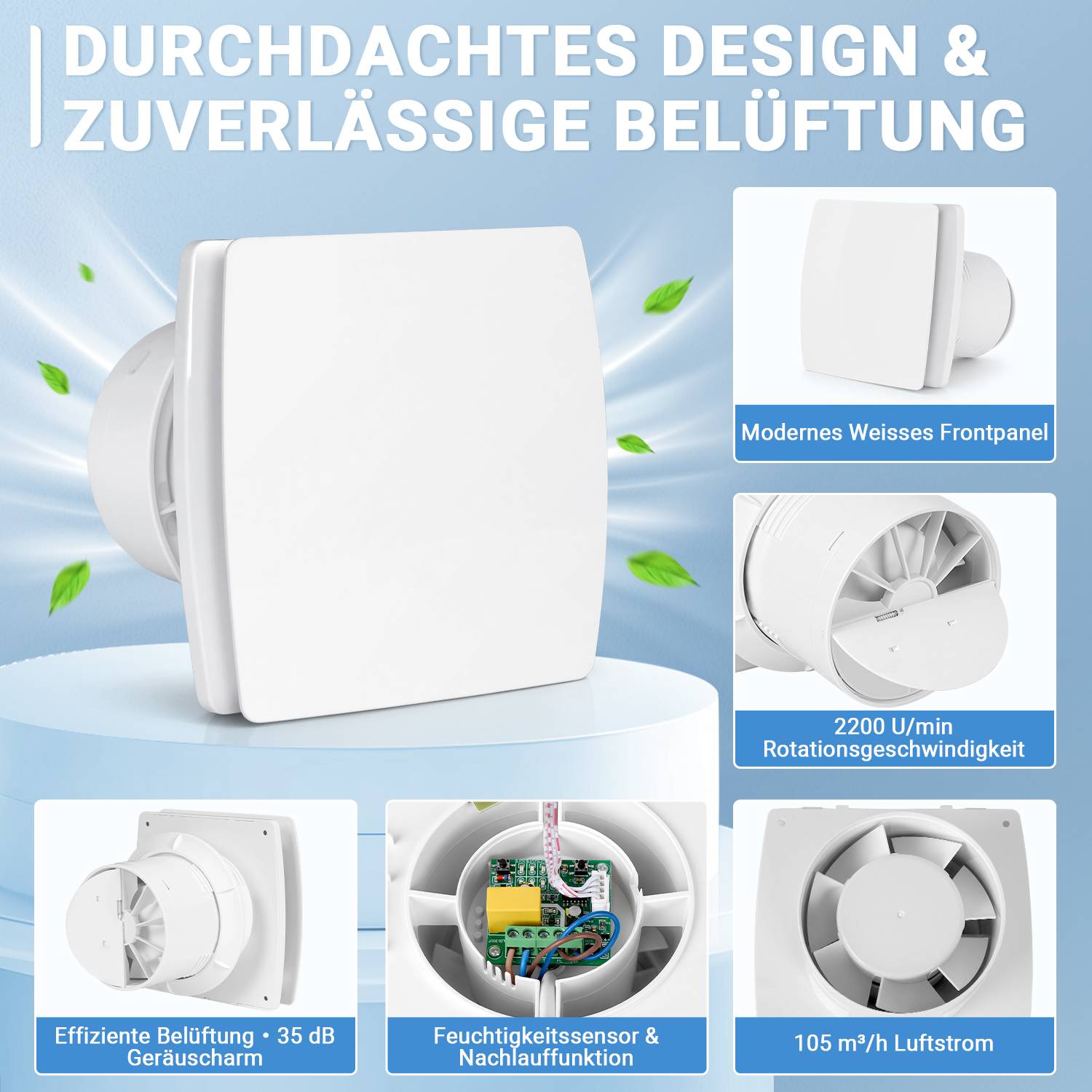Badlüfter 100mm Feuchtigkeitssensor mit Rückstauklappe Badezimmer Abluftventilator Weiß
