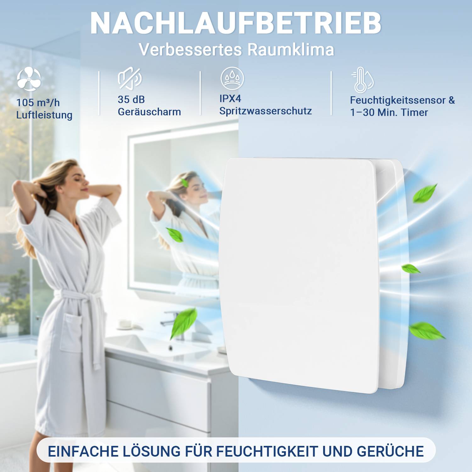 Badlüfter 100mm Feuchtigkeitssensor mit Rückstauklappe Badezimmer Abluftventilator Weiß