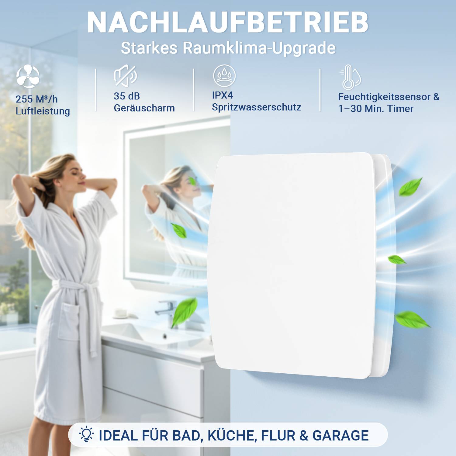 Badlüfter 150mm Feuchtigkeitssensor mit Rückstauklappe Badezimmer Abluftventilator Weiß