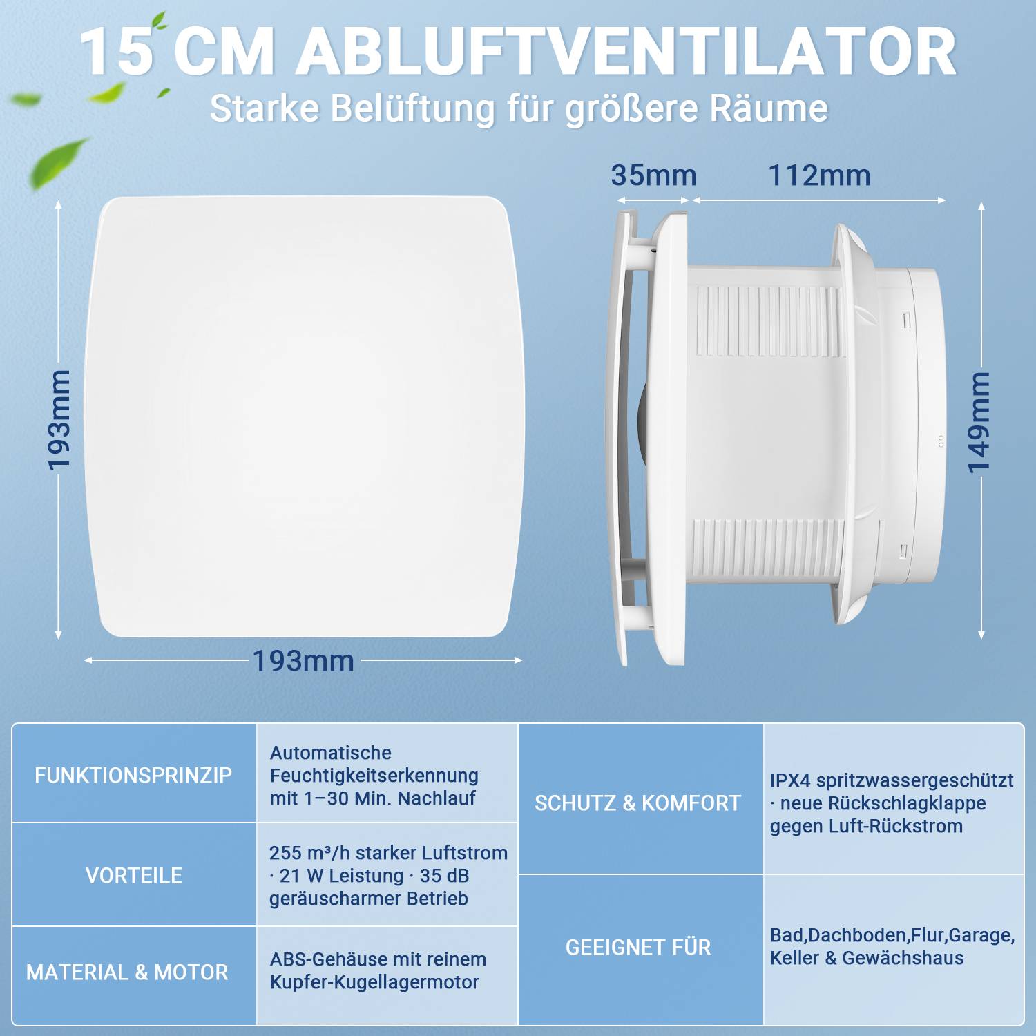 Badlüfter 150mm Feuchtigkeitssensor mit Rückstauklappe Badezimmer Abluftventilator Weiß