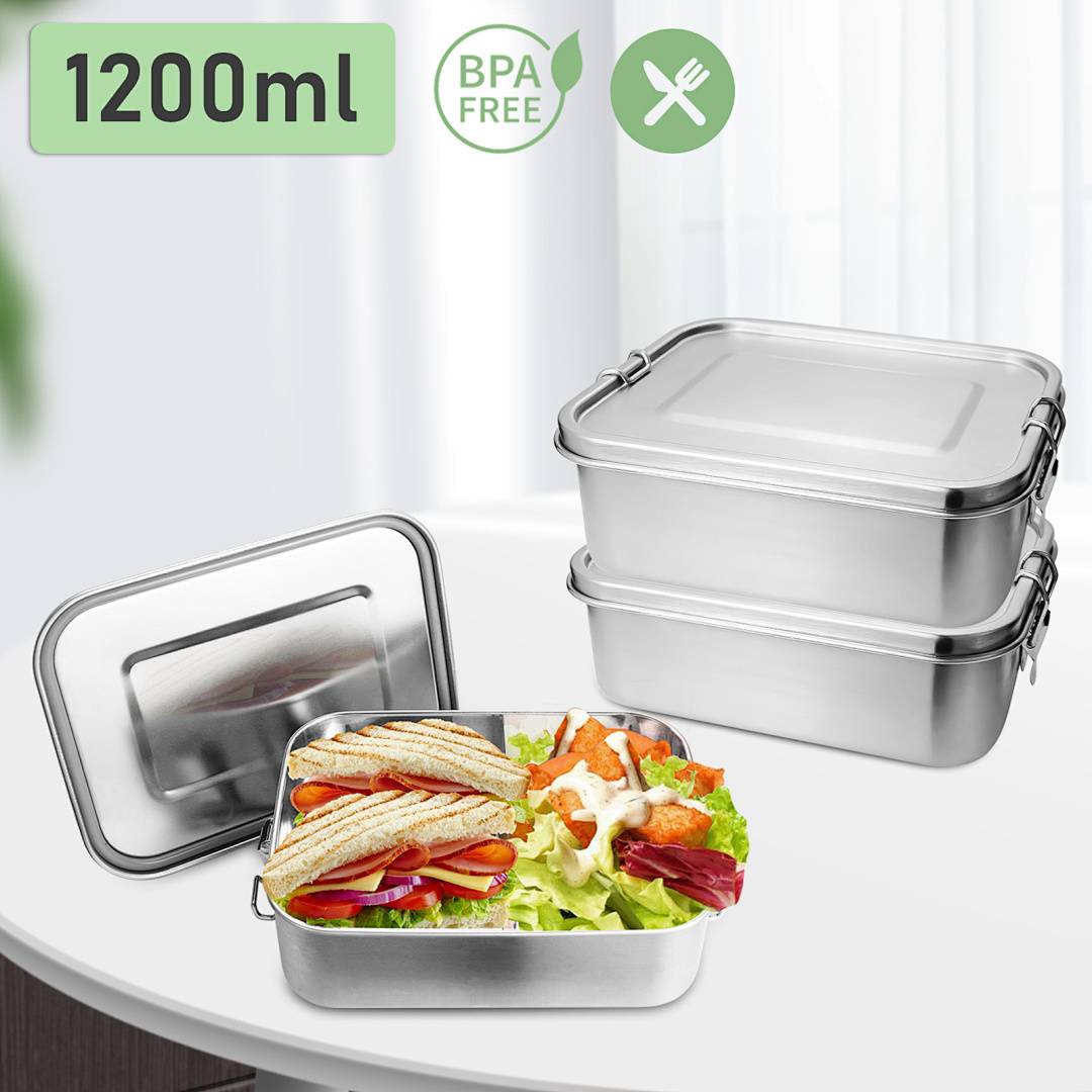Auslaufsichere Brotdose aus Edelstahl, Lunchbox mit festem Verschluss und Fächern 1200ml