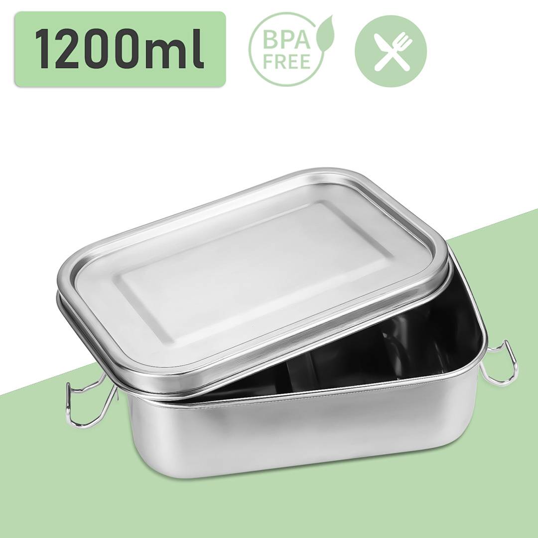 Auslaufsichere Brotdose aus Edelstahl, Lunchbox mit festem Verschluss und Fächern 1200ml