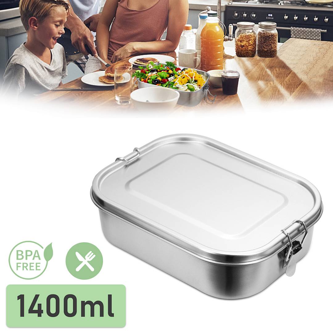 Auslaufsichere Brotdose aus Edelstahl, Lunchbox mit festem Verschluss und Fächern 1400ml