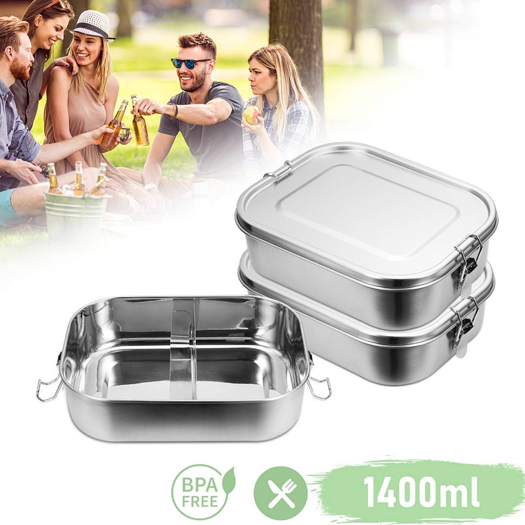 Auslaufsichere Brotdose aus Edelstahl, Lunchbox mit festem Verschluss und Fächern 1400ml