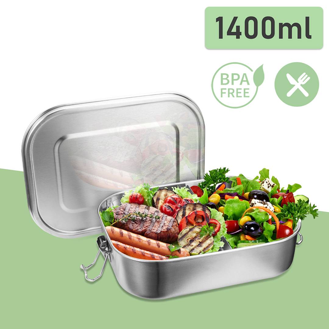 Auslaufsichere Brotdose aus Edelstahl, Lunchbox mit festem Verschluss und Fächern 1400ml