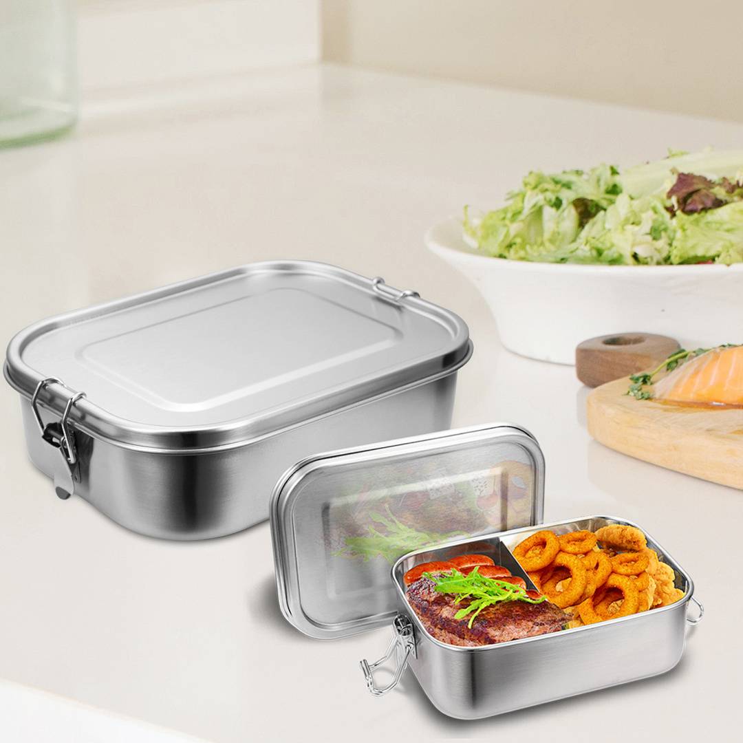 Auslaufsichere Brotdose aus Edelstahl, Lunchbox mit festem Verschluss und Fächern 1200ml+1400ml