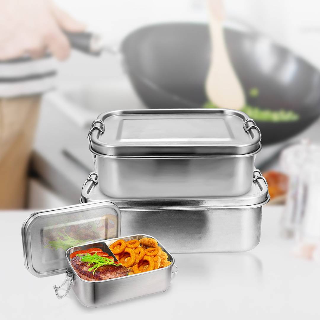 Auslaufsichere Brotdose aus Edelstahl, Lunchbox mit festem Verschluss und Fächern 800ml+1200ml+1400ml