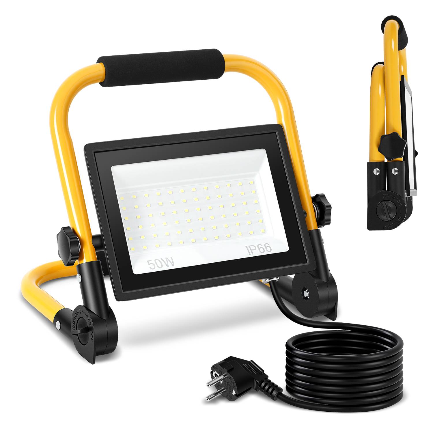 LED Baustrahler 50W Kaltweiß 6500K IP66 Arbeitsleuchte mit Standgestell & 3m Kabel für Garten Balkon Außenbereich