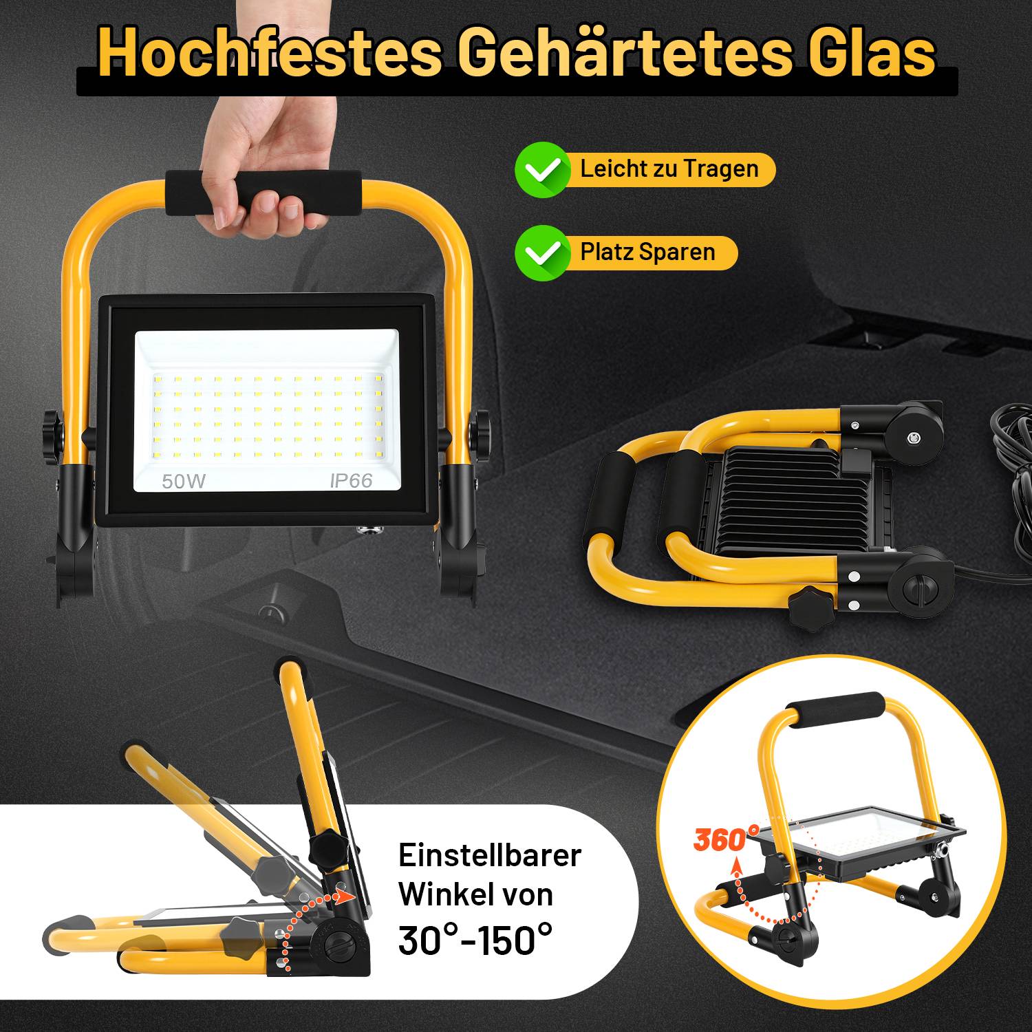 LED Baustrahler 50W Kaltweiß 6500K IP66 Arbeitsleuchte mit Standgestell & 3m Kabel für Garten Balkon Außenbereich