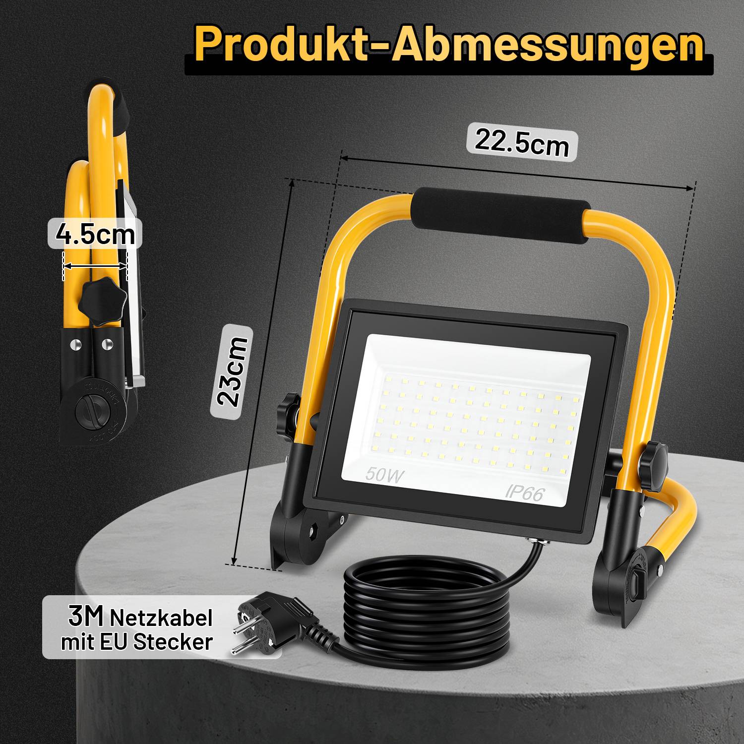 LED Baustrahler 50W Kaltweiß 6500K IP66 Arbeitsleuchte mit Standgestell & 3m Kabel für Garten Balkon Außenbereich