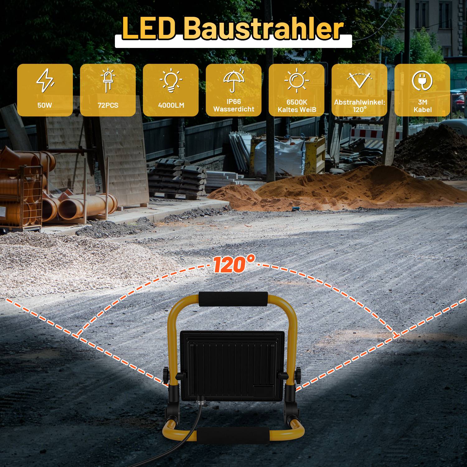 LED Baustrahler 50W Kaltweiß 6500K IP66 Arbeitsleuchte mit Standgestell & 3m Kabel für Garten Balkon Außenbereich