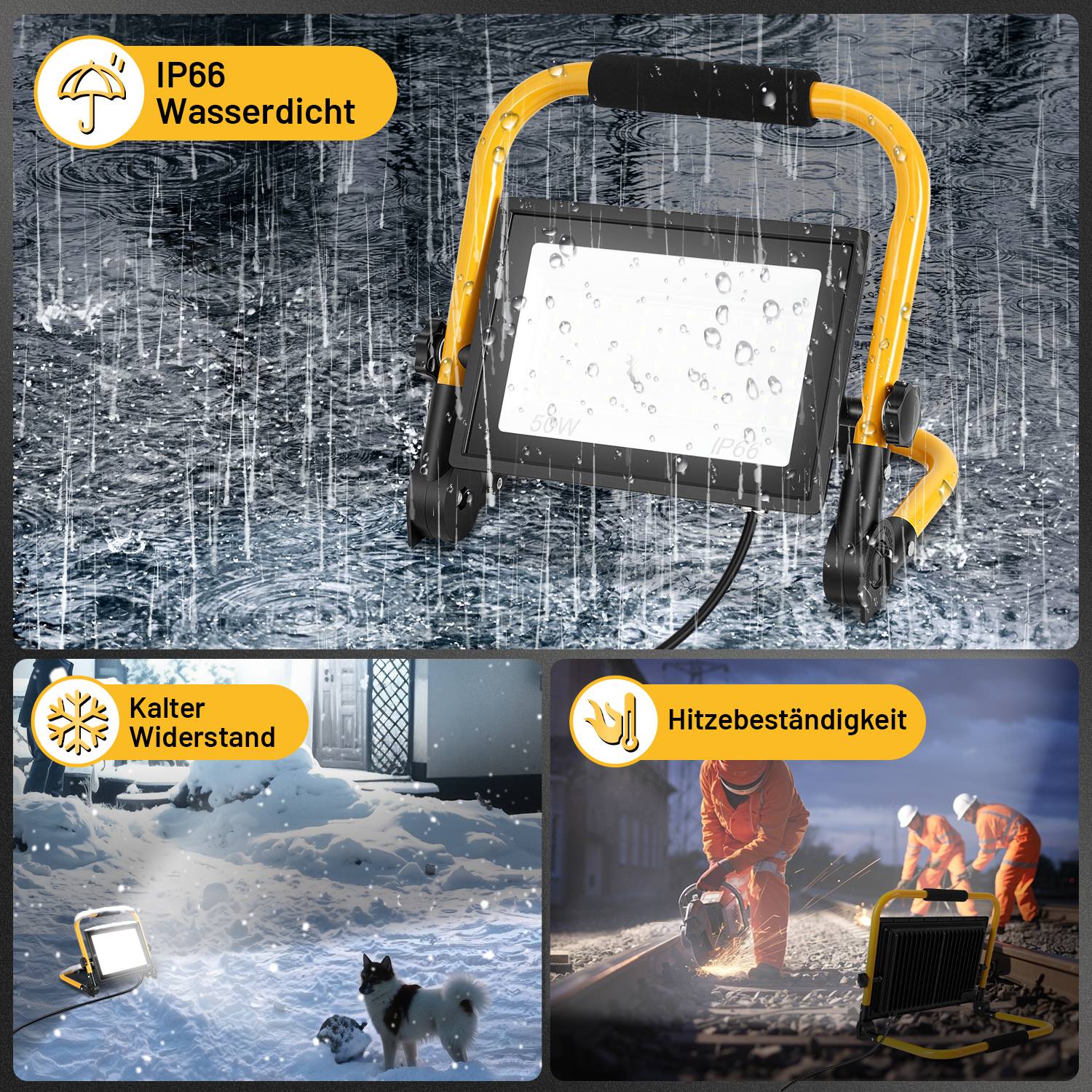 LED Baustrahler 200W Kaltweiß 6500K IP66 Arbeitsleuchte mit Standgestell & 3m Kabel für Garten Balkon Außenbereich