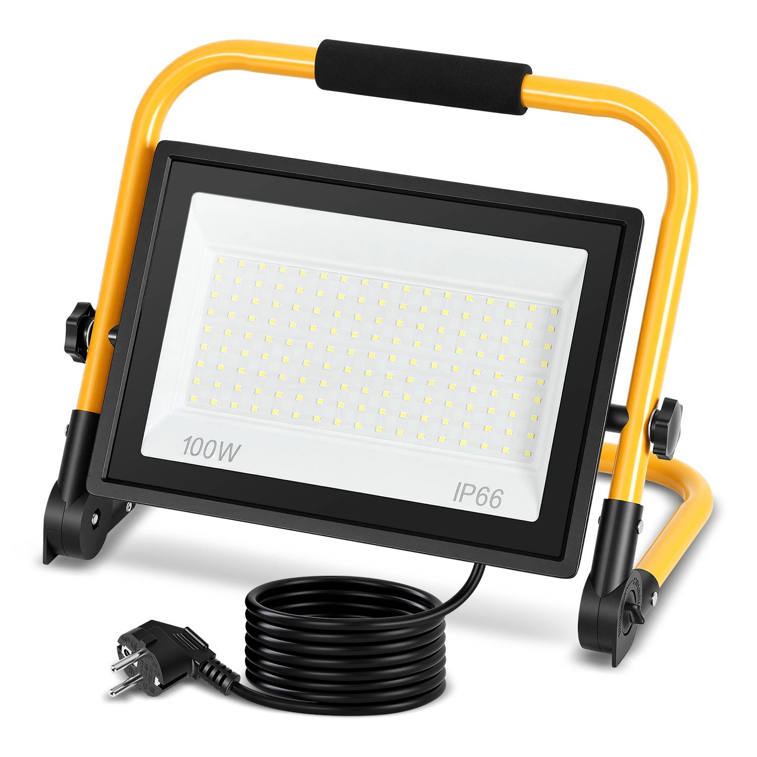 LED Baustrahler 100W Kaltweiß 6500K IP66 Arbeitsleuchte mit Standgestell & 3m Kabel für Garten Balkon Außenbereich